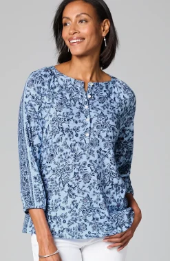 Mixed-Print Button-Front Top
