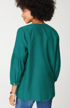 Paisley-Embroidered Split-Neck Top
