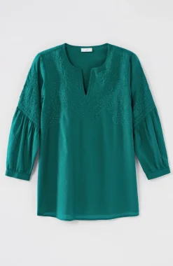 Paisley-Embroidered Split-Neck Top