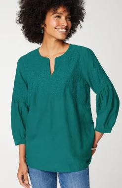 Paisley-Embroidered Split-Neck Top