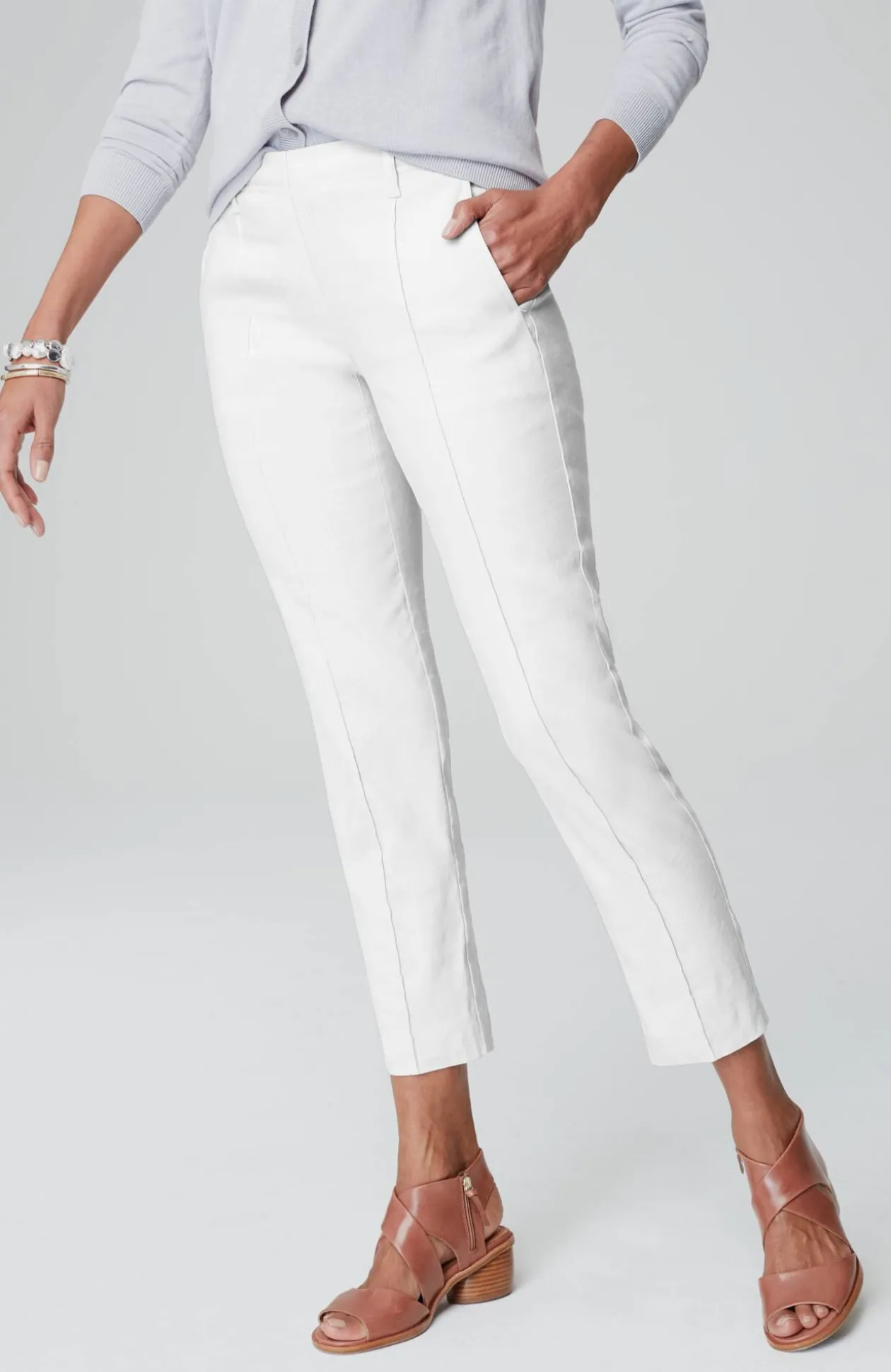 Pintucked Linen-Stretch Slim-Leg Pants
