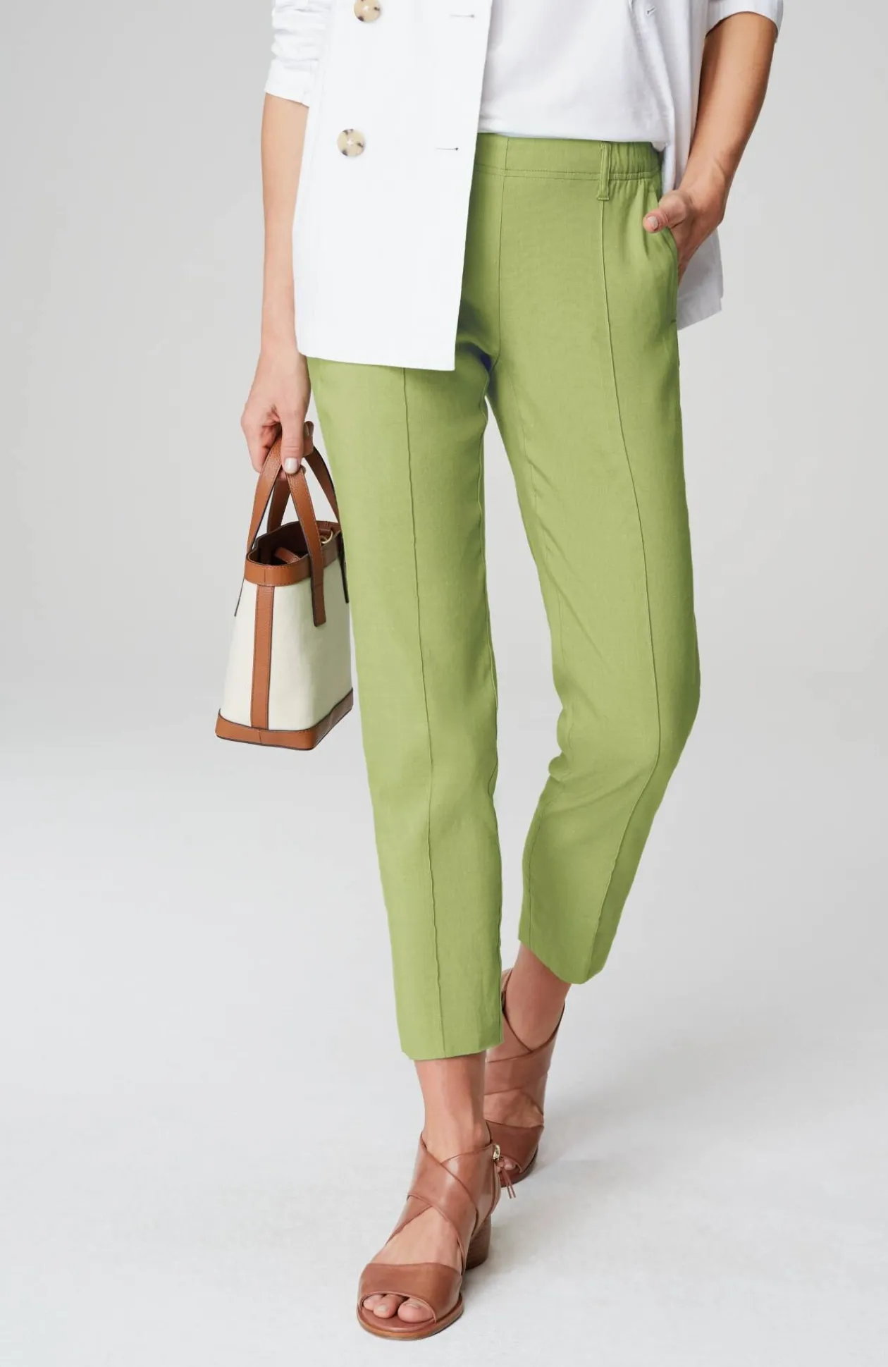 Pintucked Linen-Stretch Slim-Leg Pants