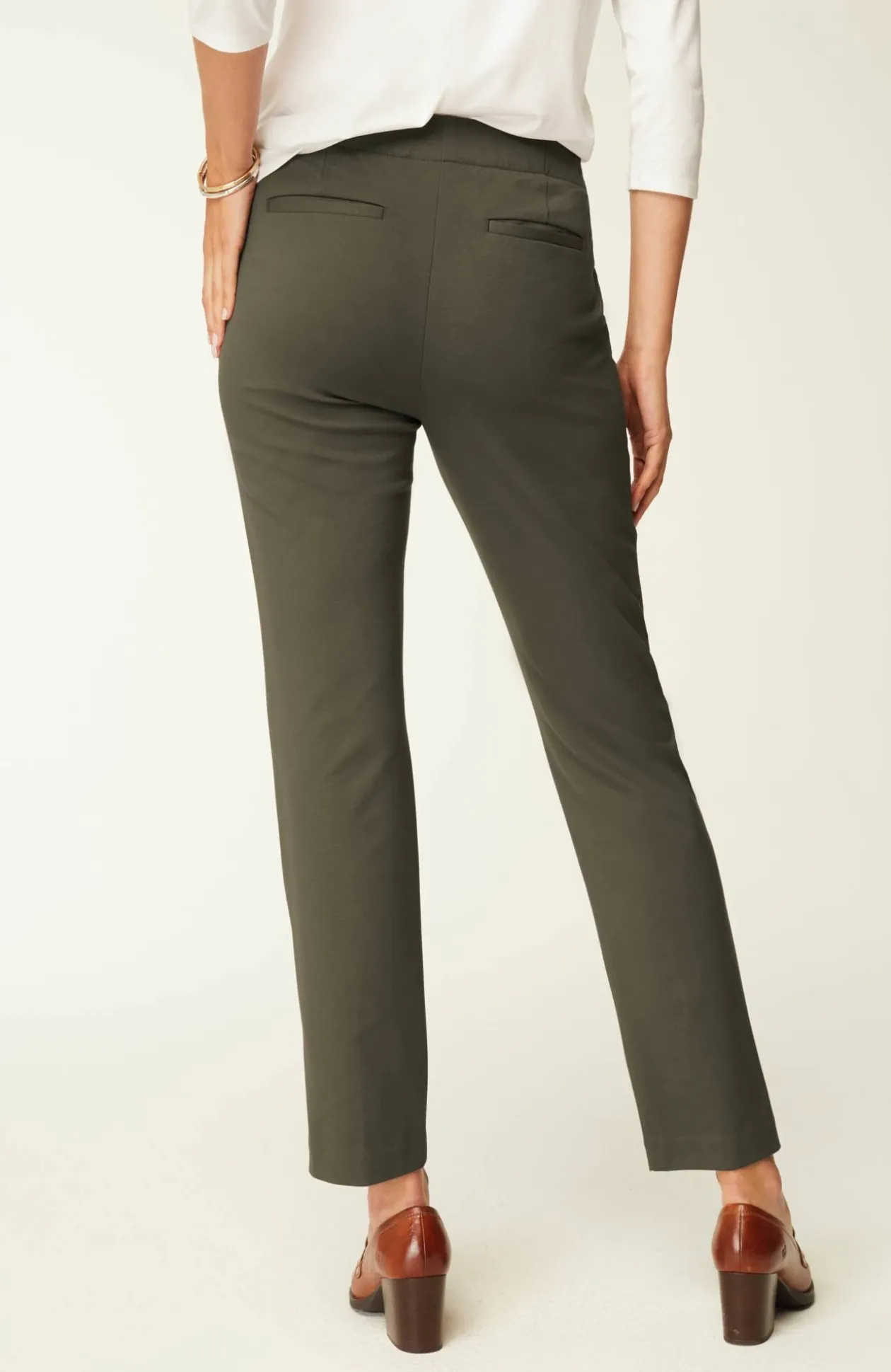 Pintucked Ponte Slim-Leg Pants