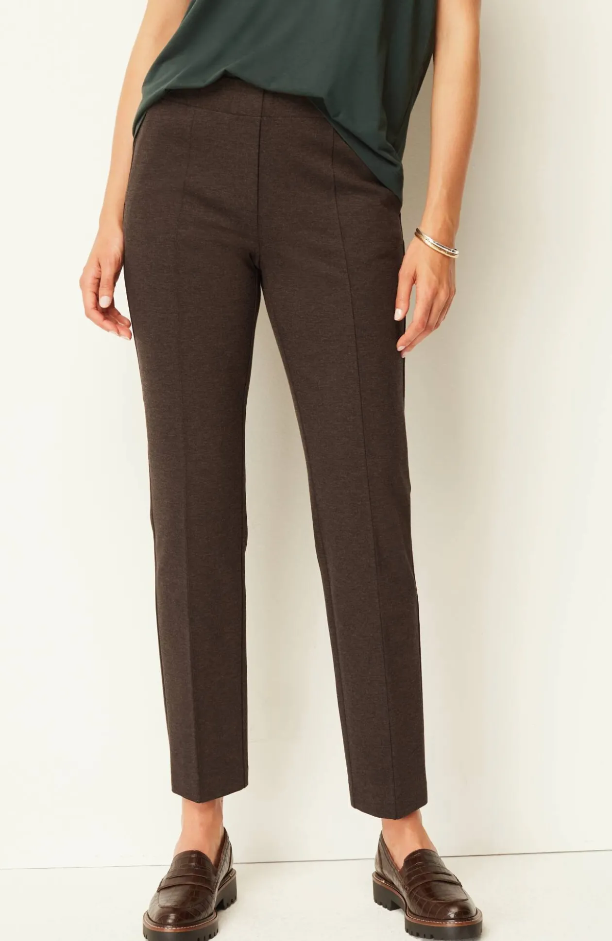 Pintucked Ponte Slim-Leg Pants