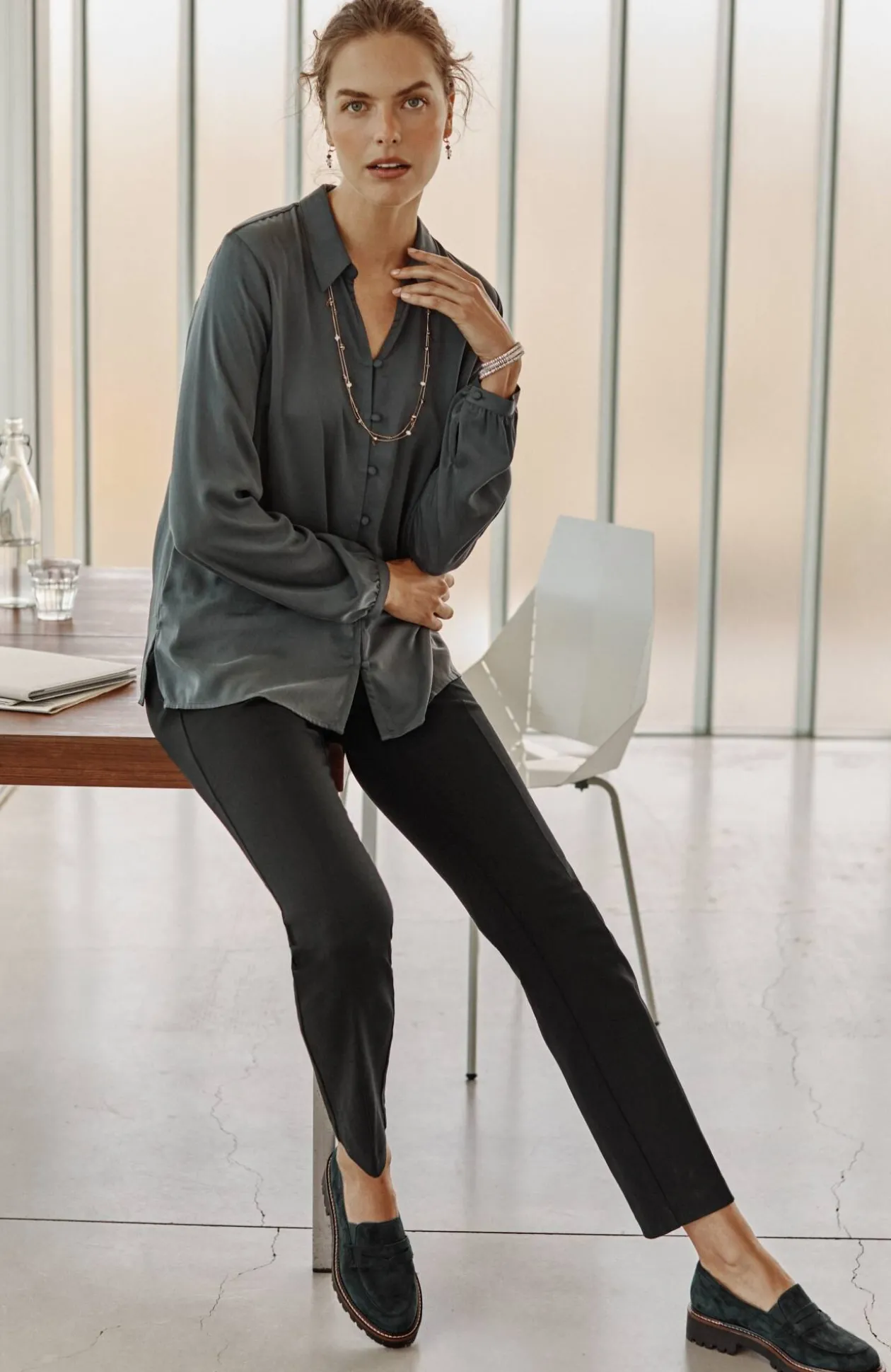 Pintucked Ponte Slim-Leg Pants
