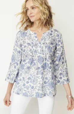Pintucked Printed Linen Popover
