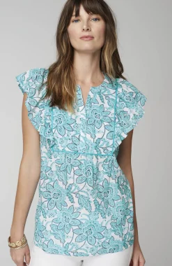 Piping-Trim Ruffle-Sleeve Top