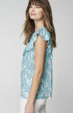 Piping-Trim Ruffle-Sleeve Top