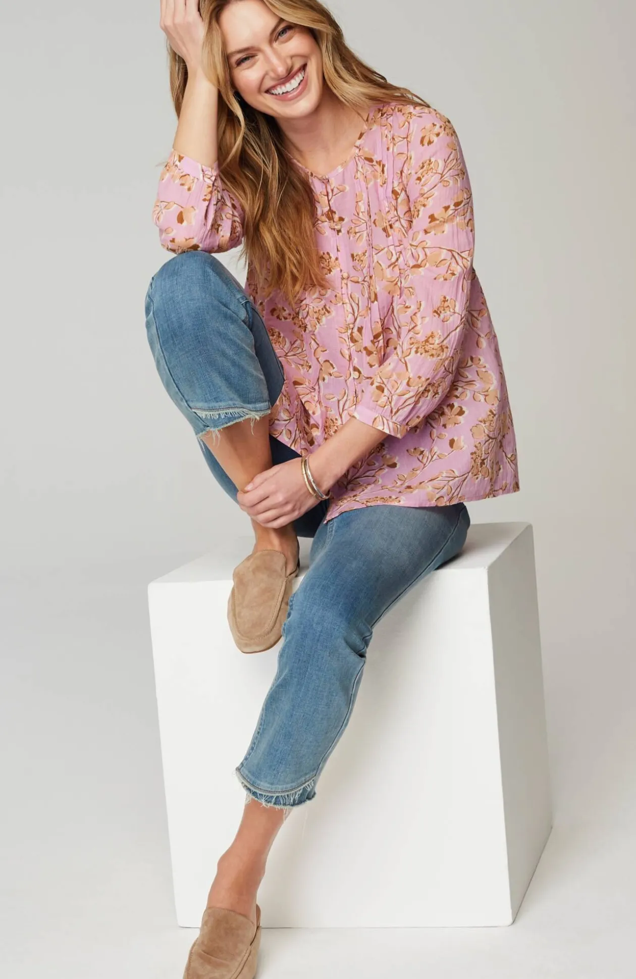 Printed A-Line Pintucked Top