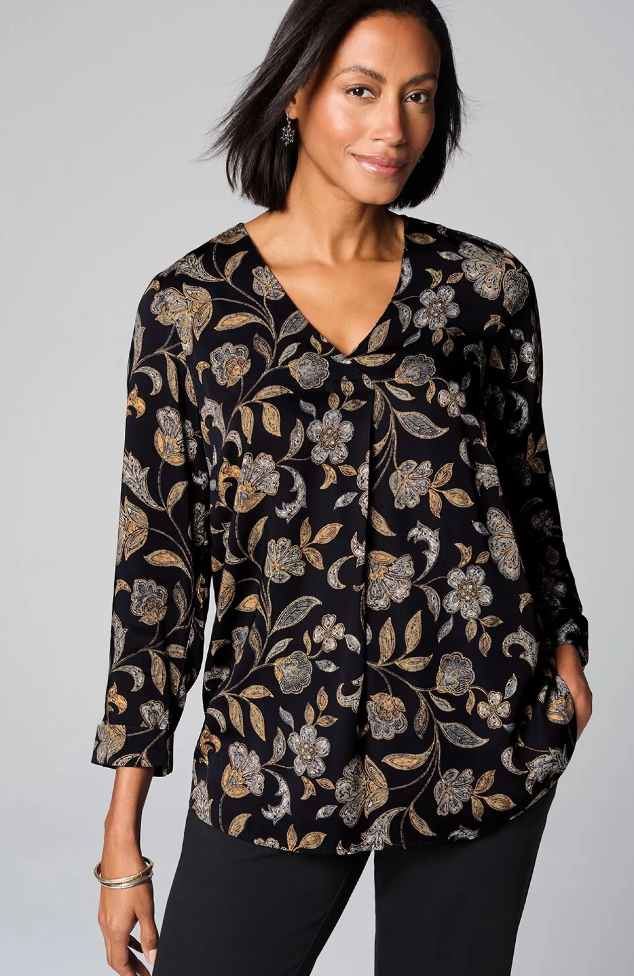 Printed Satin V-Neck Popover