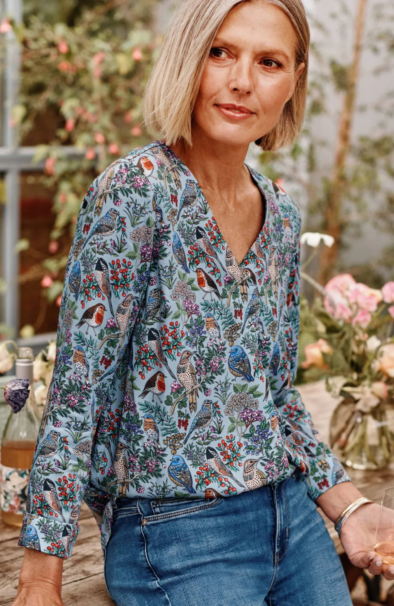 Printed Satin V-Neck Popover