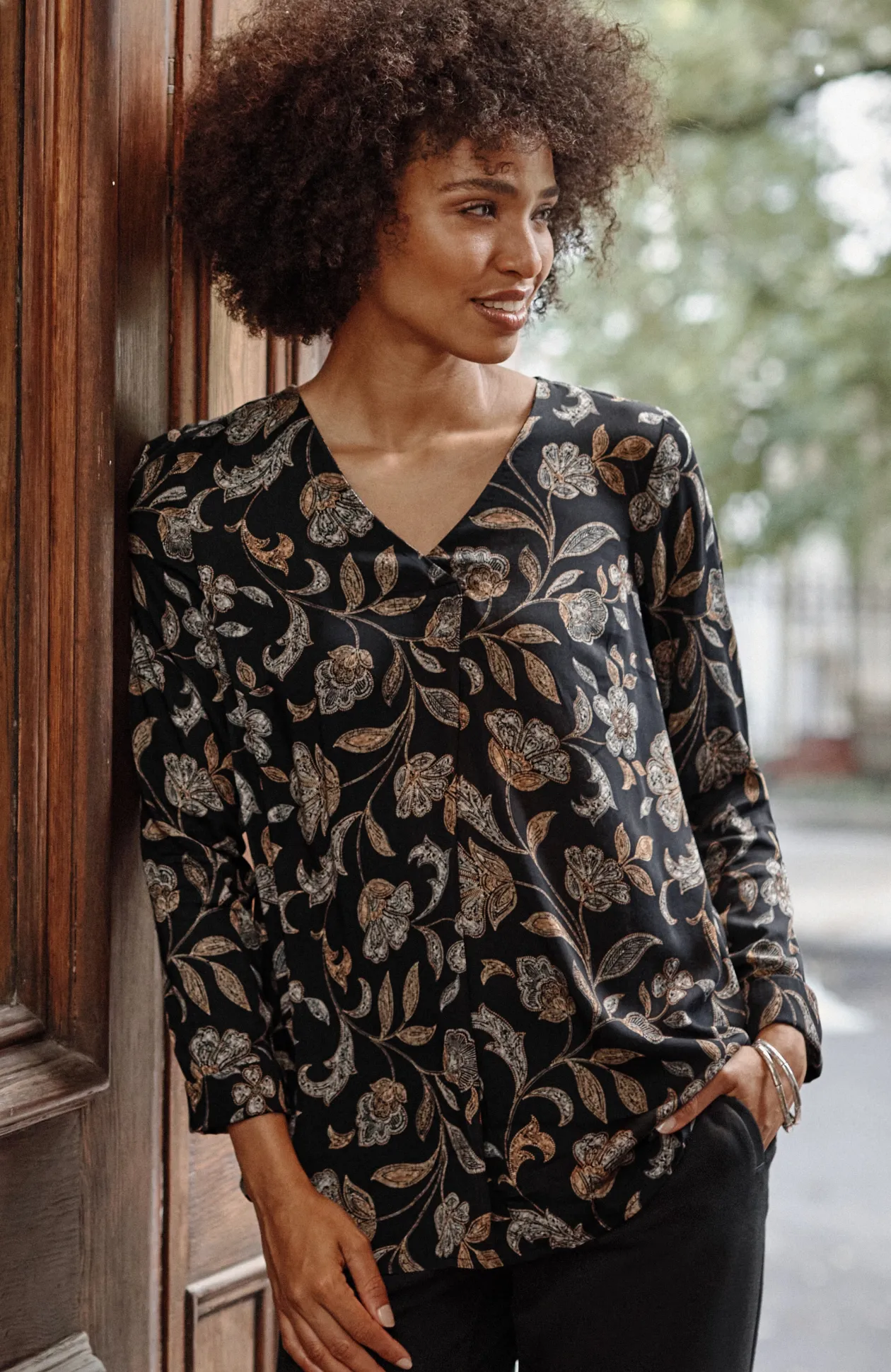 Printed Satin V-Neck Popover