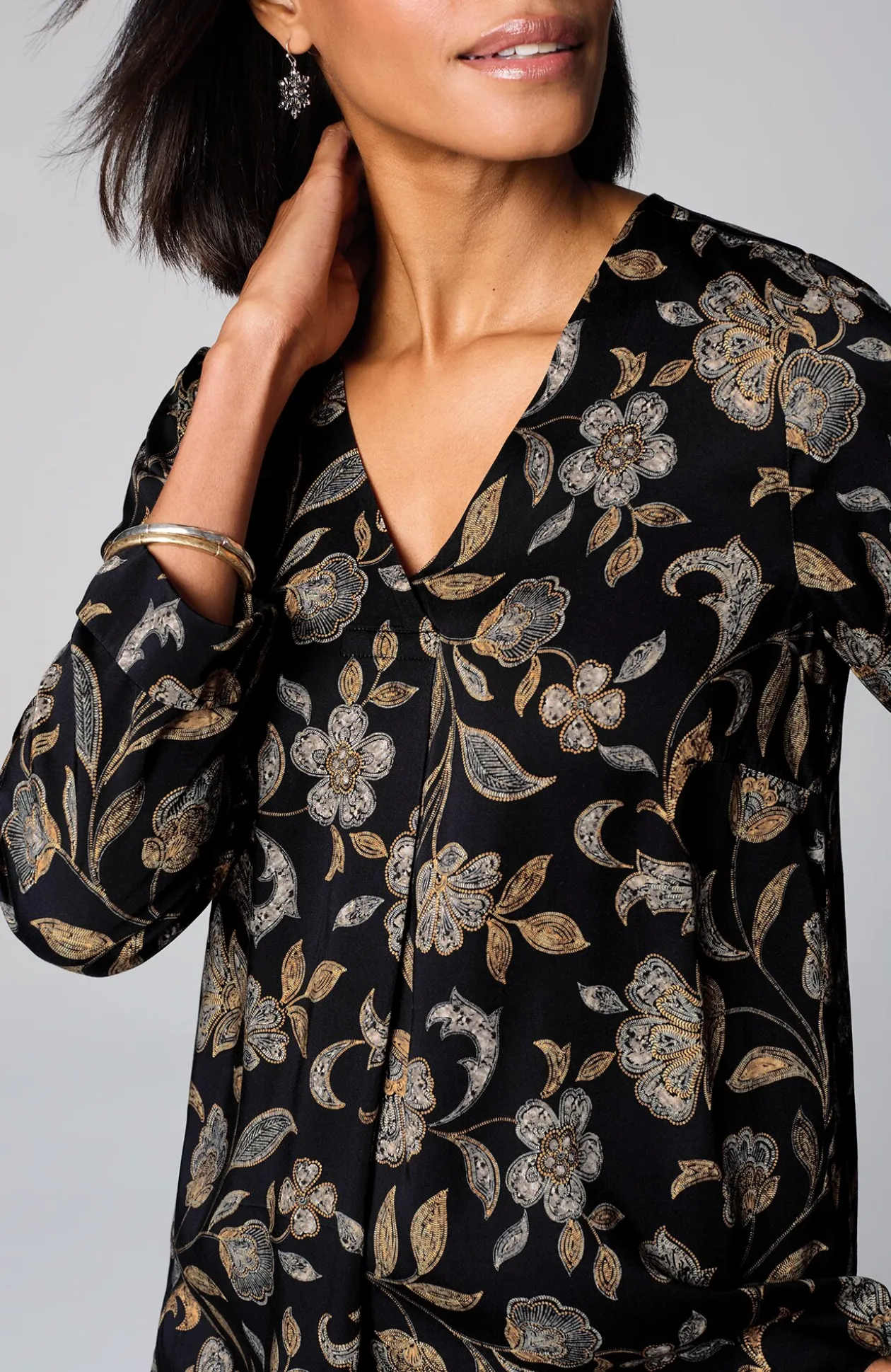 Printed Satin V-Neck Popover