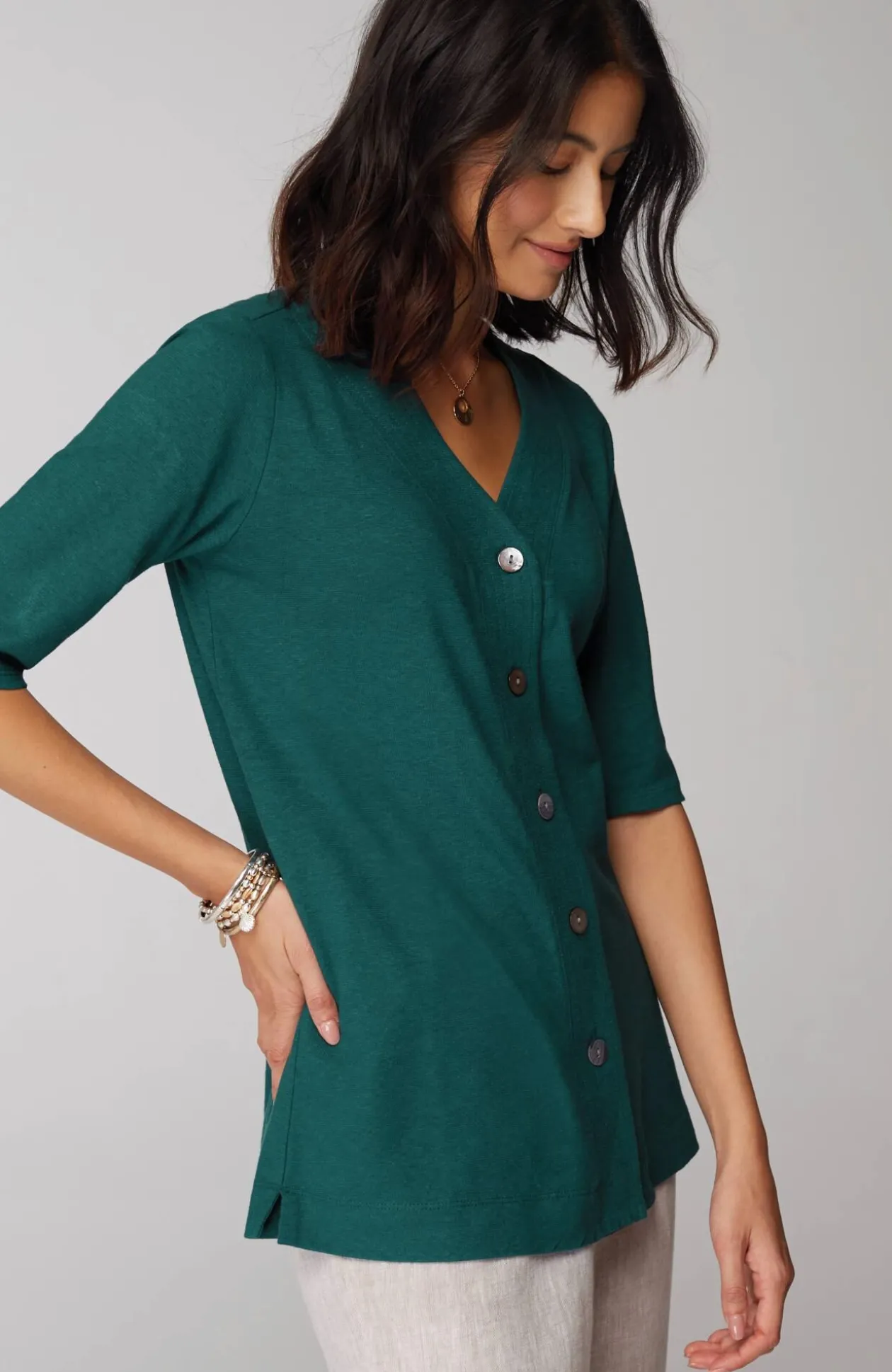 Pure Jill Hemp & Cotton Button-Front Top