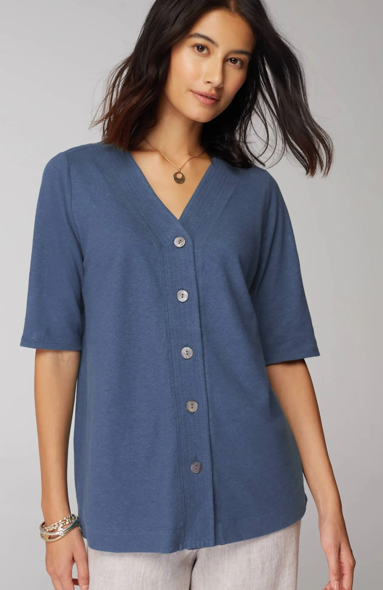 Pure Jill Hemp & Cotton Button-Front Top
