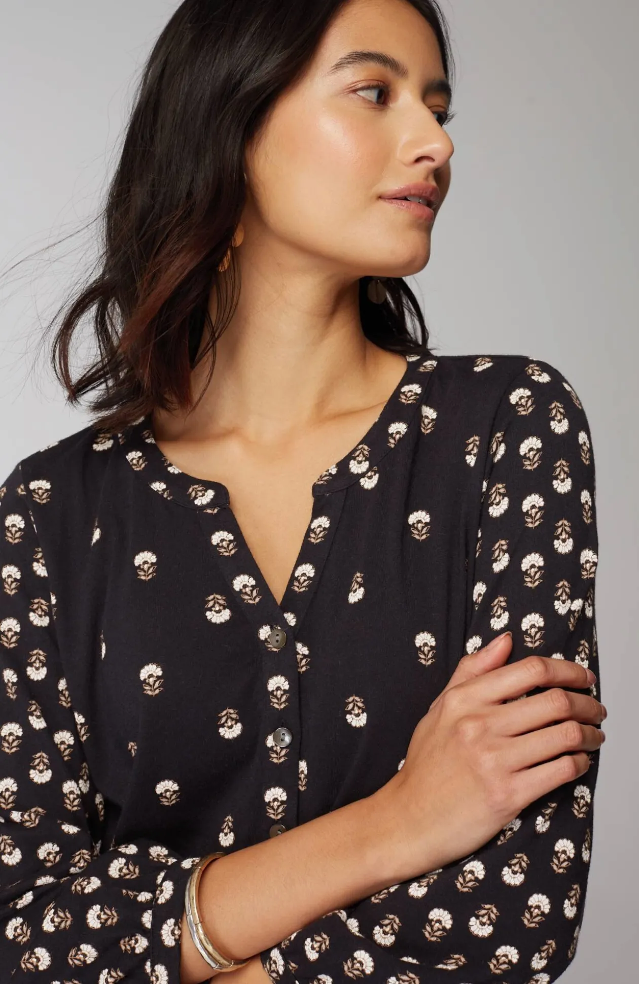 Pure Jill Mixed-Print Split-Neck Top
