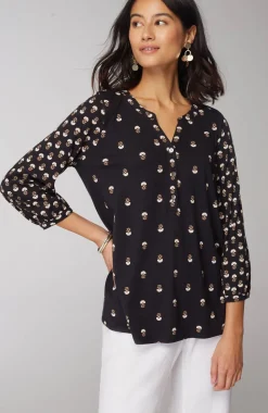 Pure Jill Mixed-Print Split-Neck Top