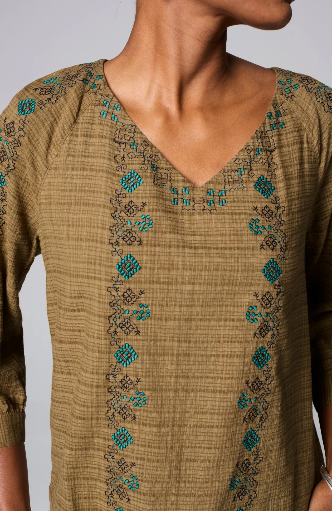 Pure Jill Multicolor-Embroidered V-Neck Top