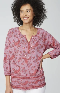 Pure Jill Split-Neck Border-Printed Top