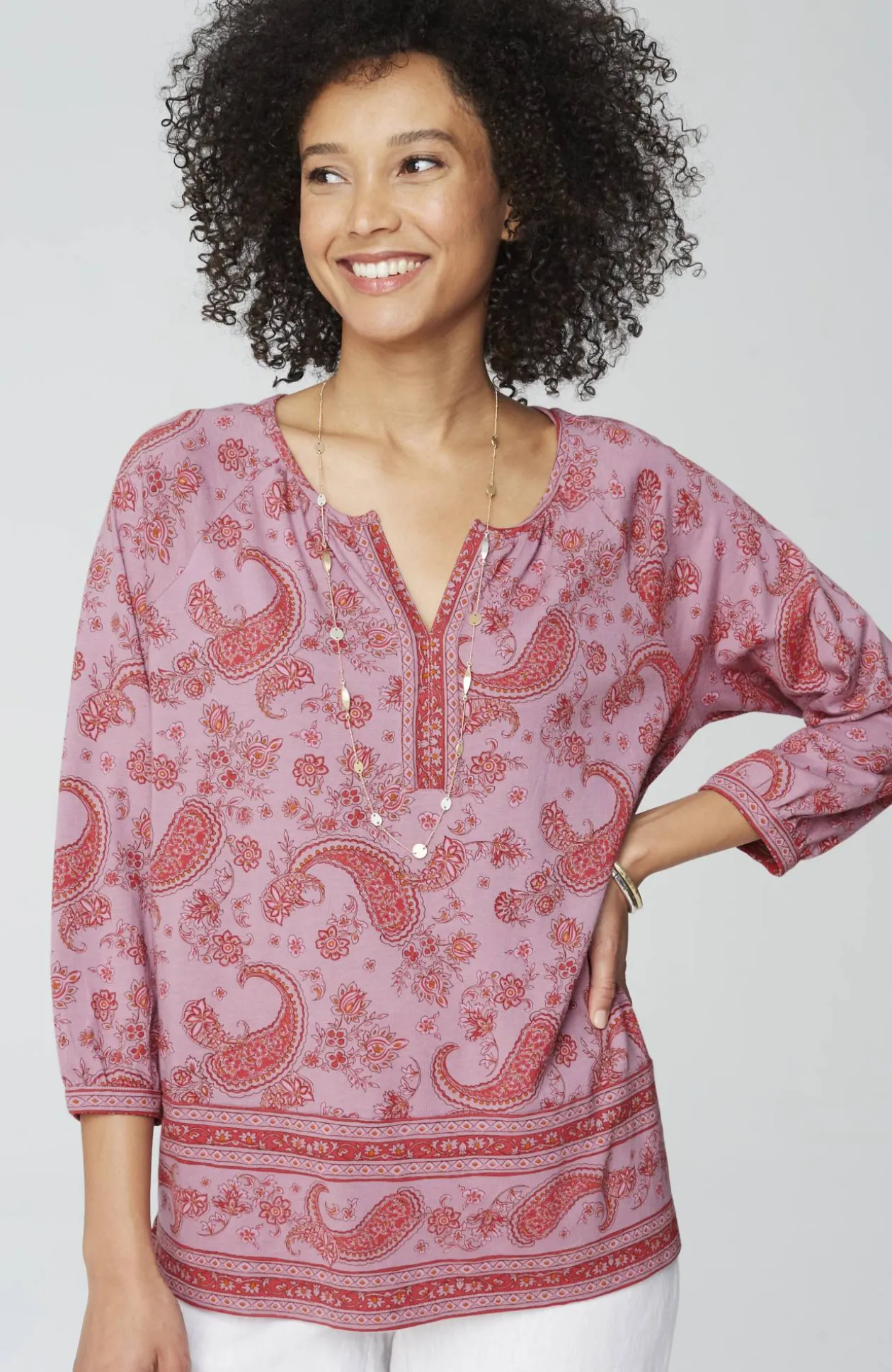 Pure Jill Split-Neck Border-Printed Top