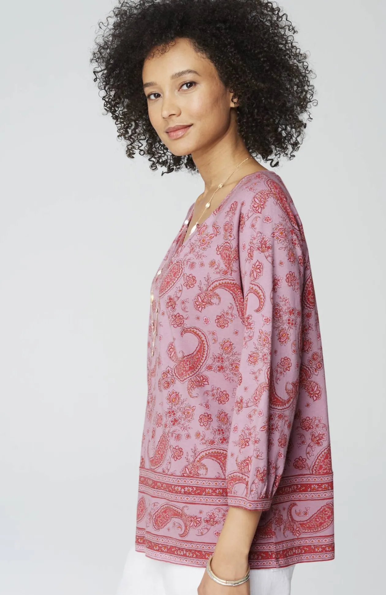 Pure Jill Split-Neck Border-Printed Top
