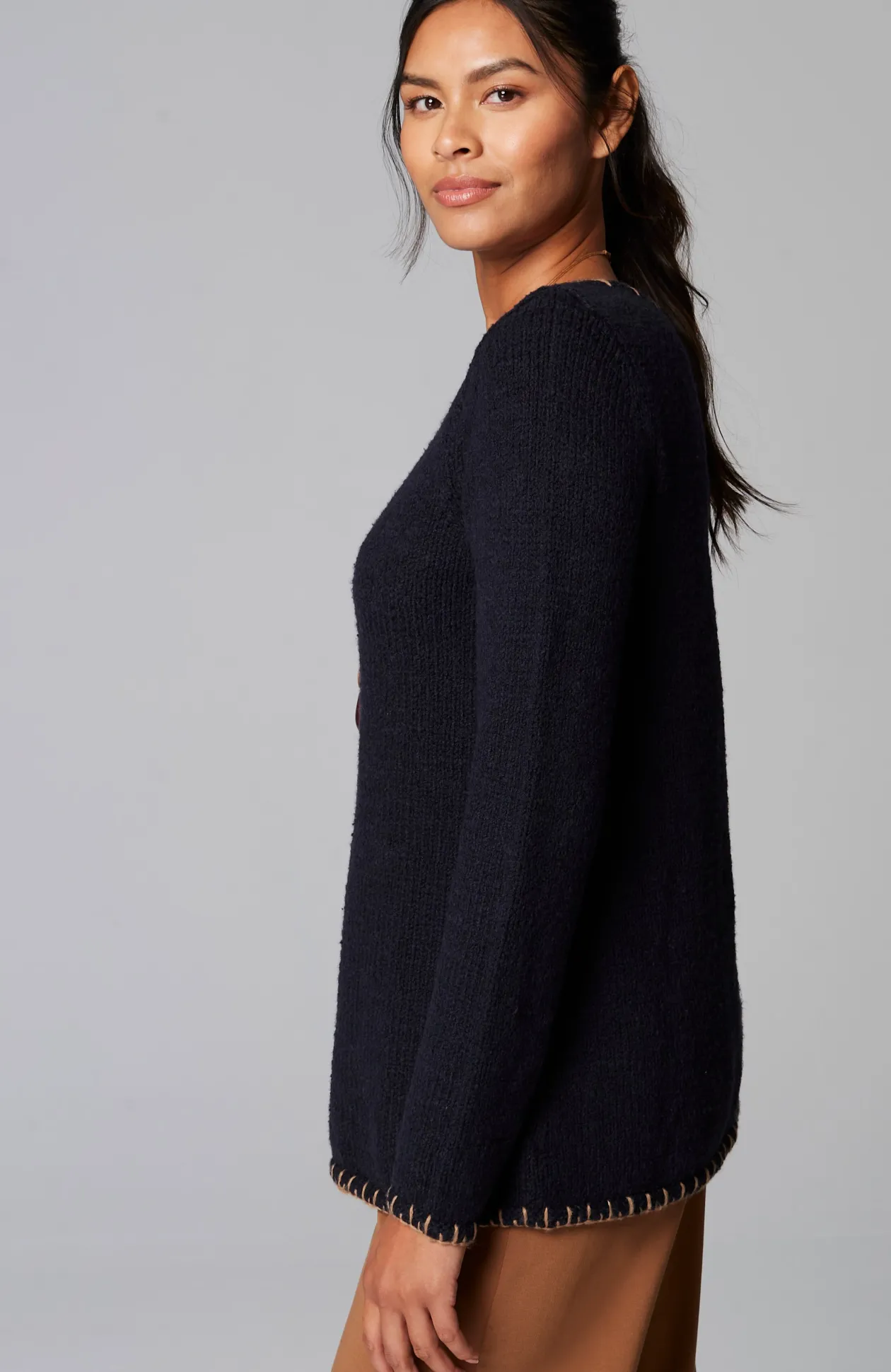 Pure Jill Whipstitch-Trimmed Pullover Sweater