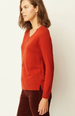 Ribbed-Border V-Neck Sweater