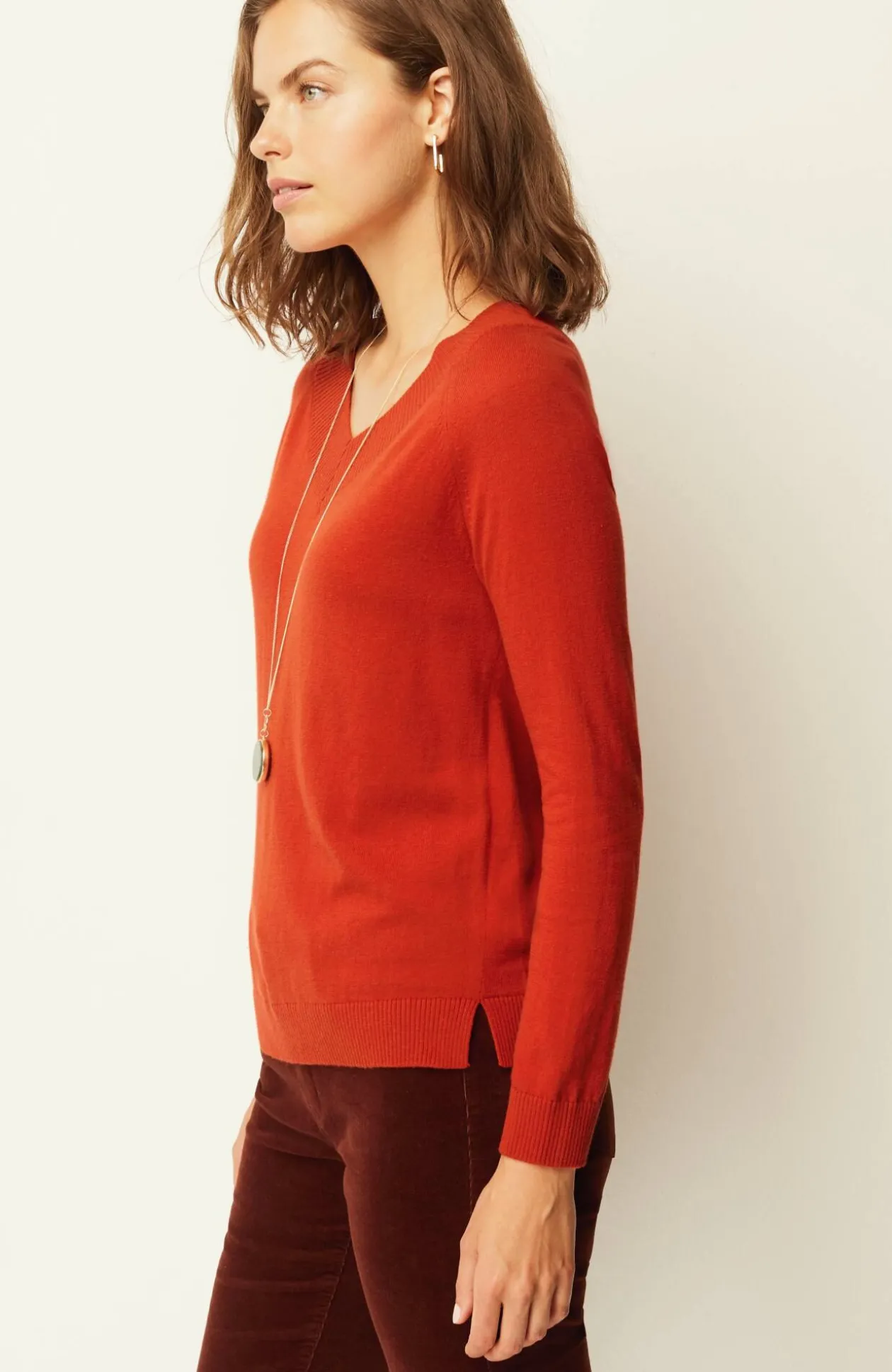Ribbed-Border V-Neck Sweater