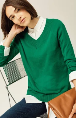 Ribbed-Border V-Neck Sweater