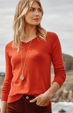 Ribbed-Border V-Neck Sweater