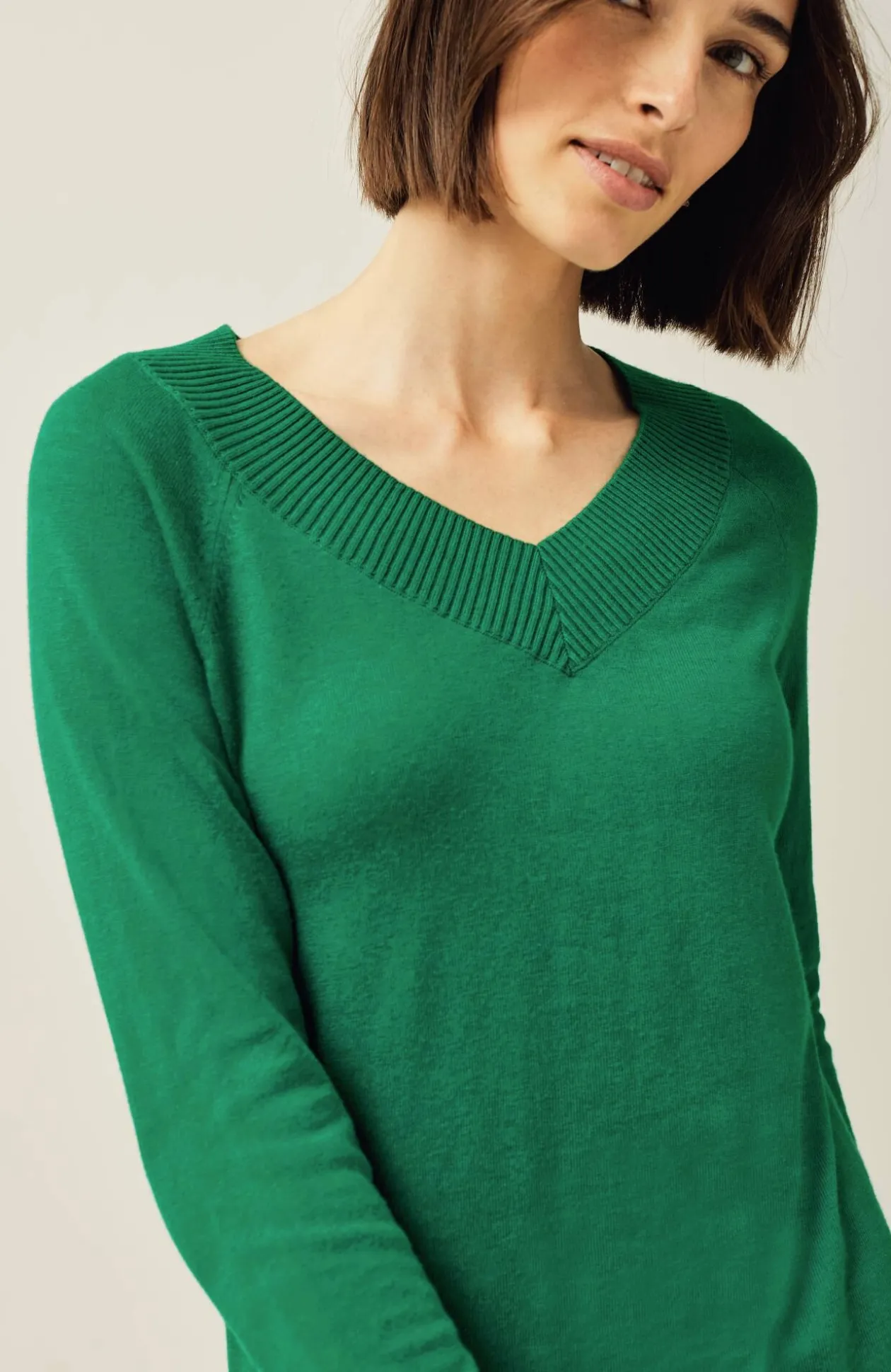 Ribbed-Border V-Neck Sweater
