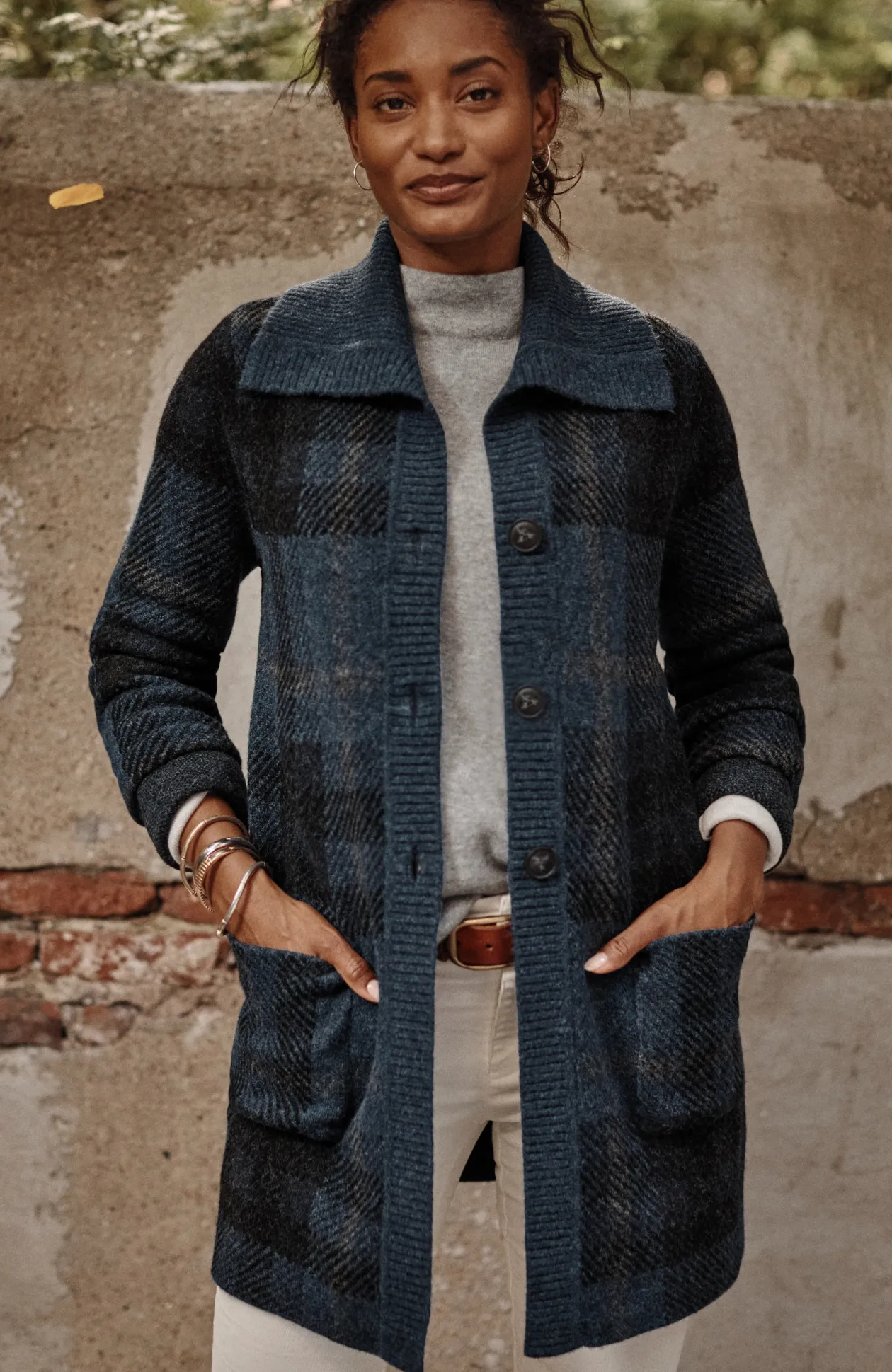 Ribbed-Collar Plaid Sweater-Jacket