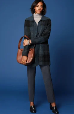 Ribbed-Collar Plaid Sweater-Jacket