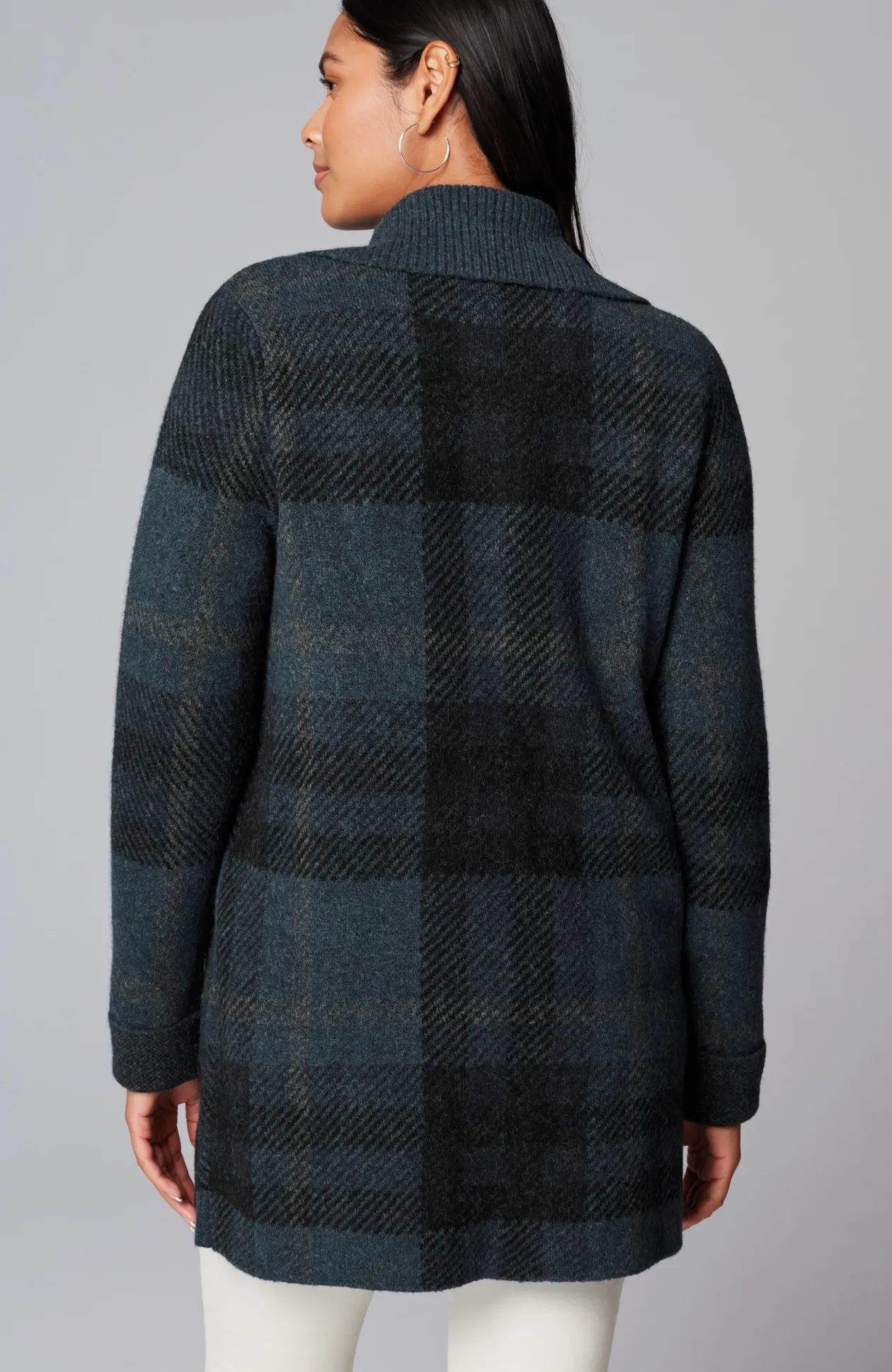 Ribbed-Collar Plaid Sweater-Jacket