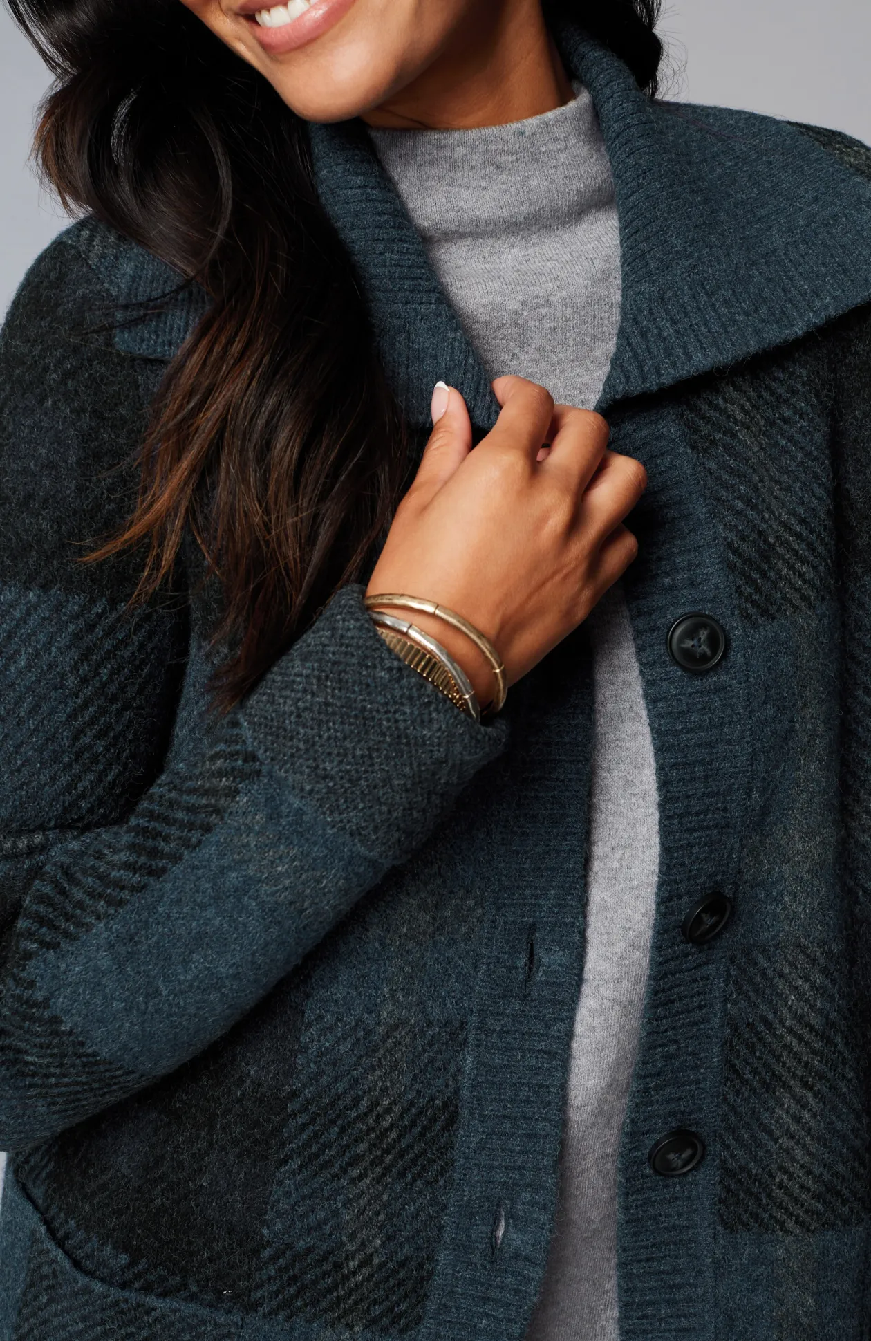 Ribbed-Collar Plaid Sweater-Jacket