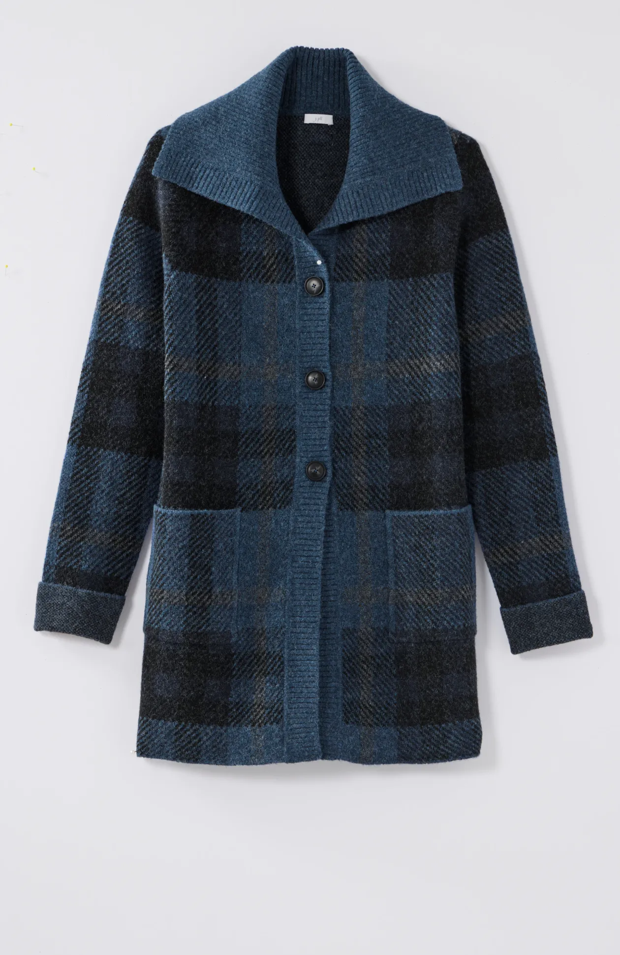 Ribbed-Collar Plaid Sweater-Jacket