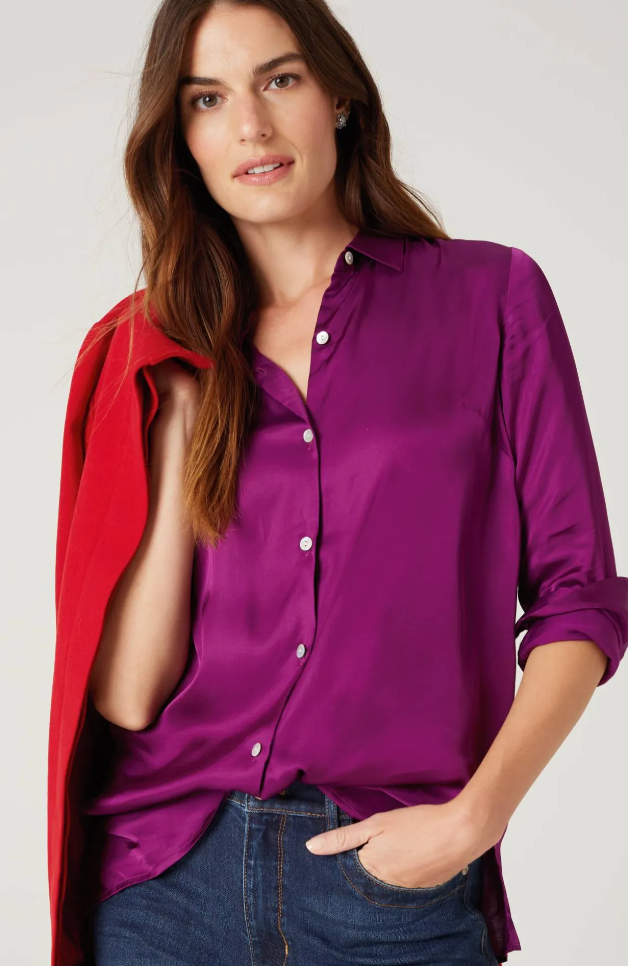 Satin Button-Front Shirt