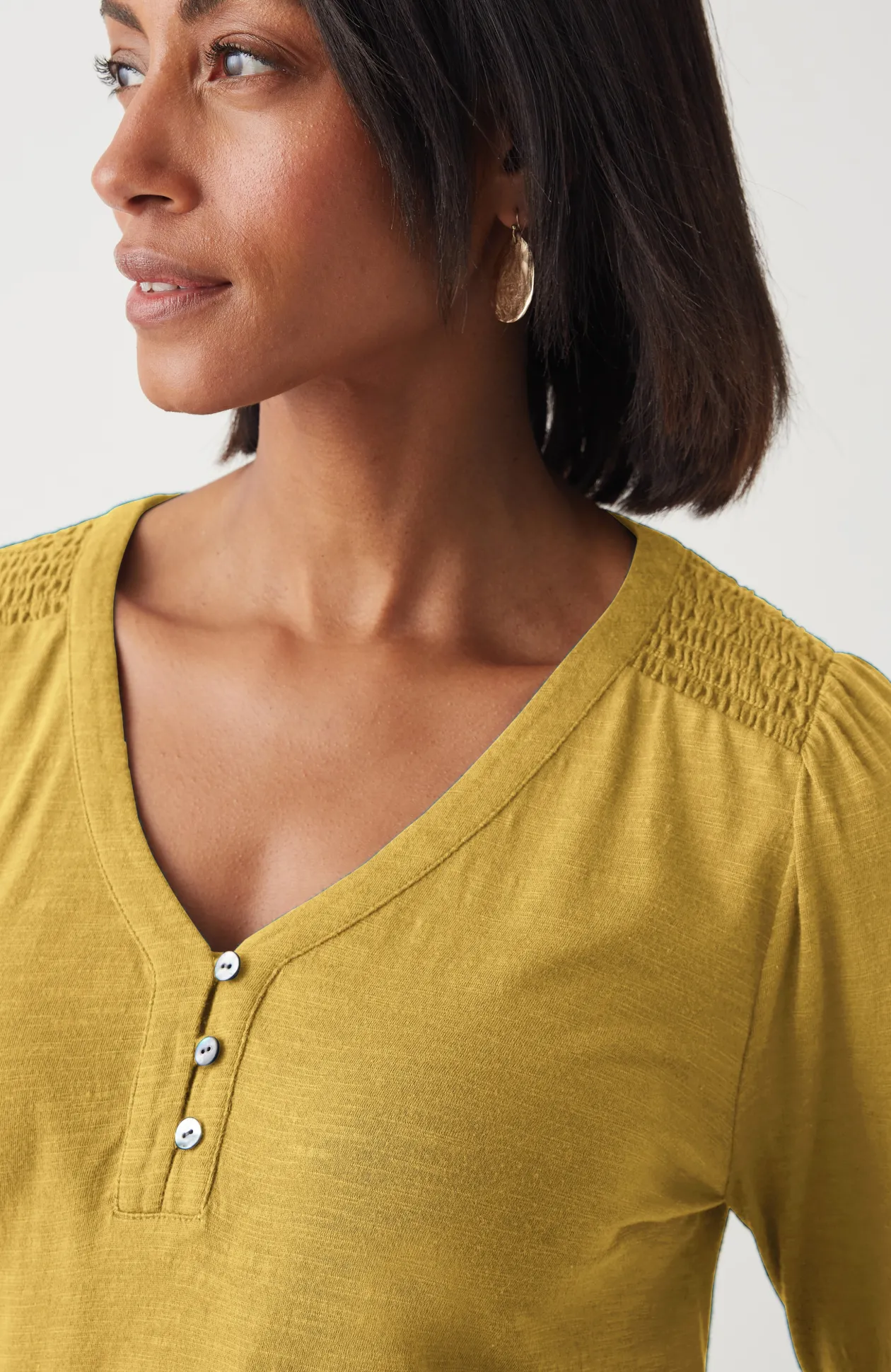 Smocked-Sleeve Henley Top