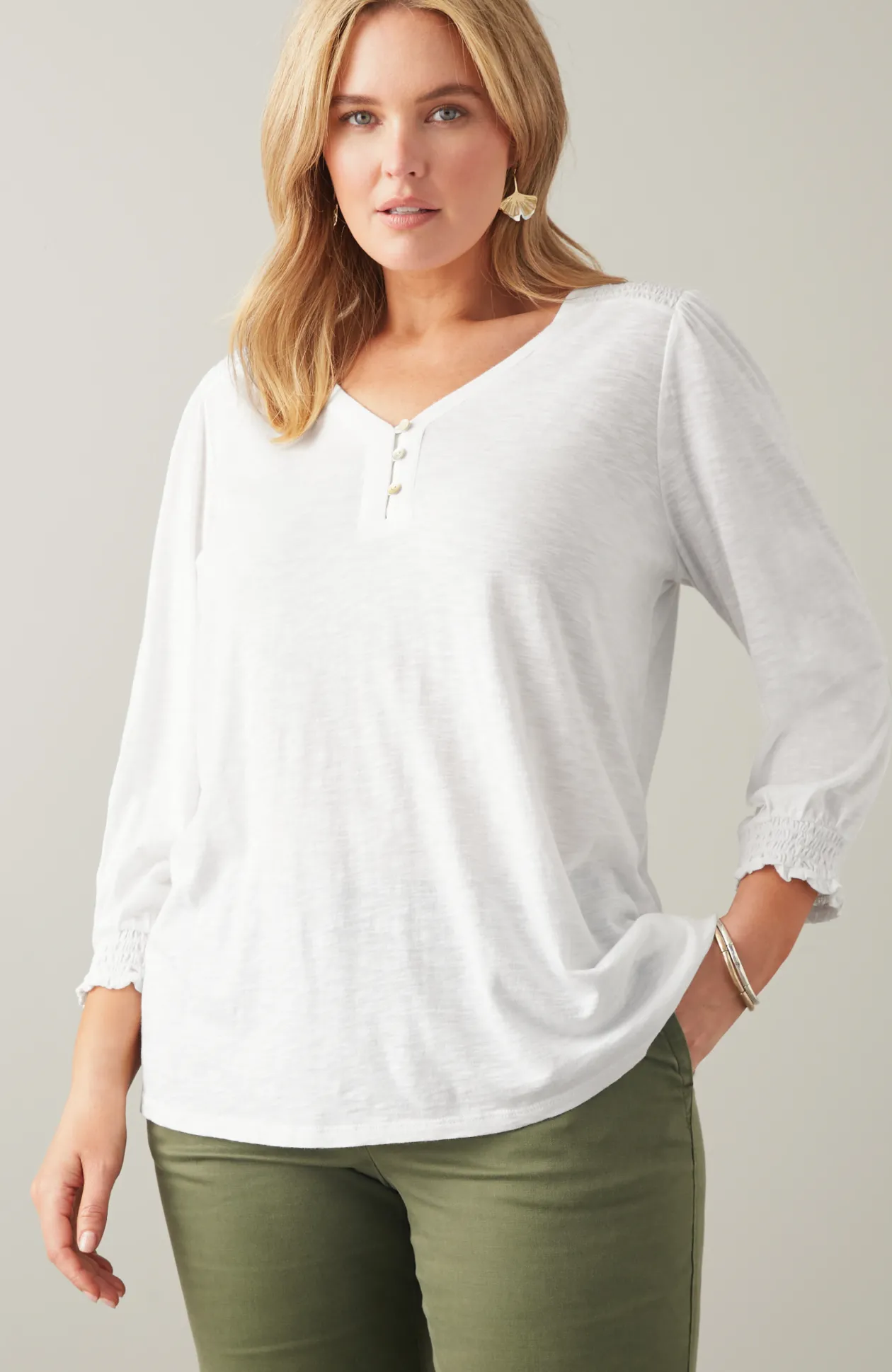 Smocked-Sleeve Henley Top