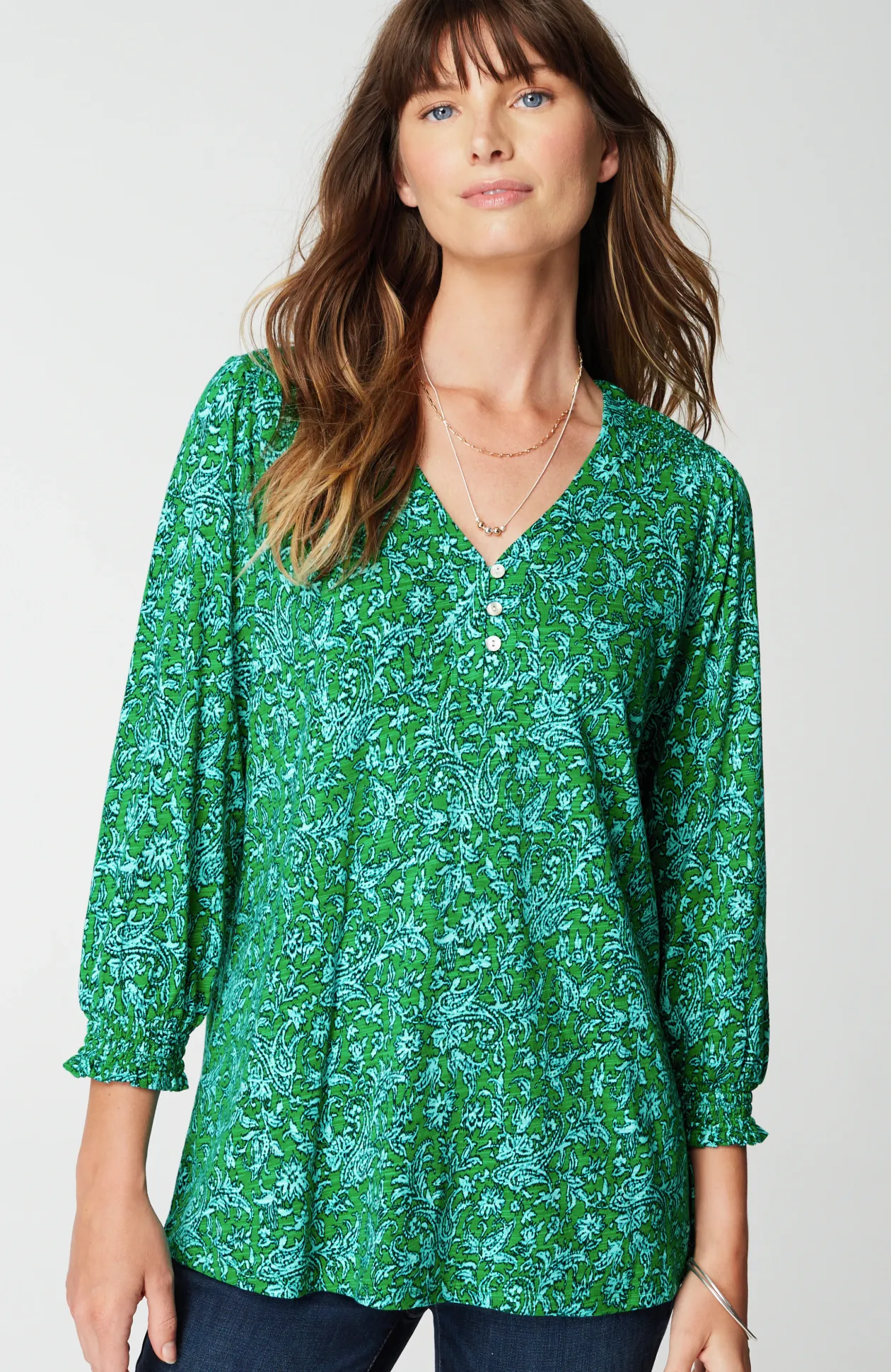 Smocked-Sleeve Henley Top