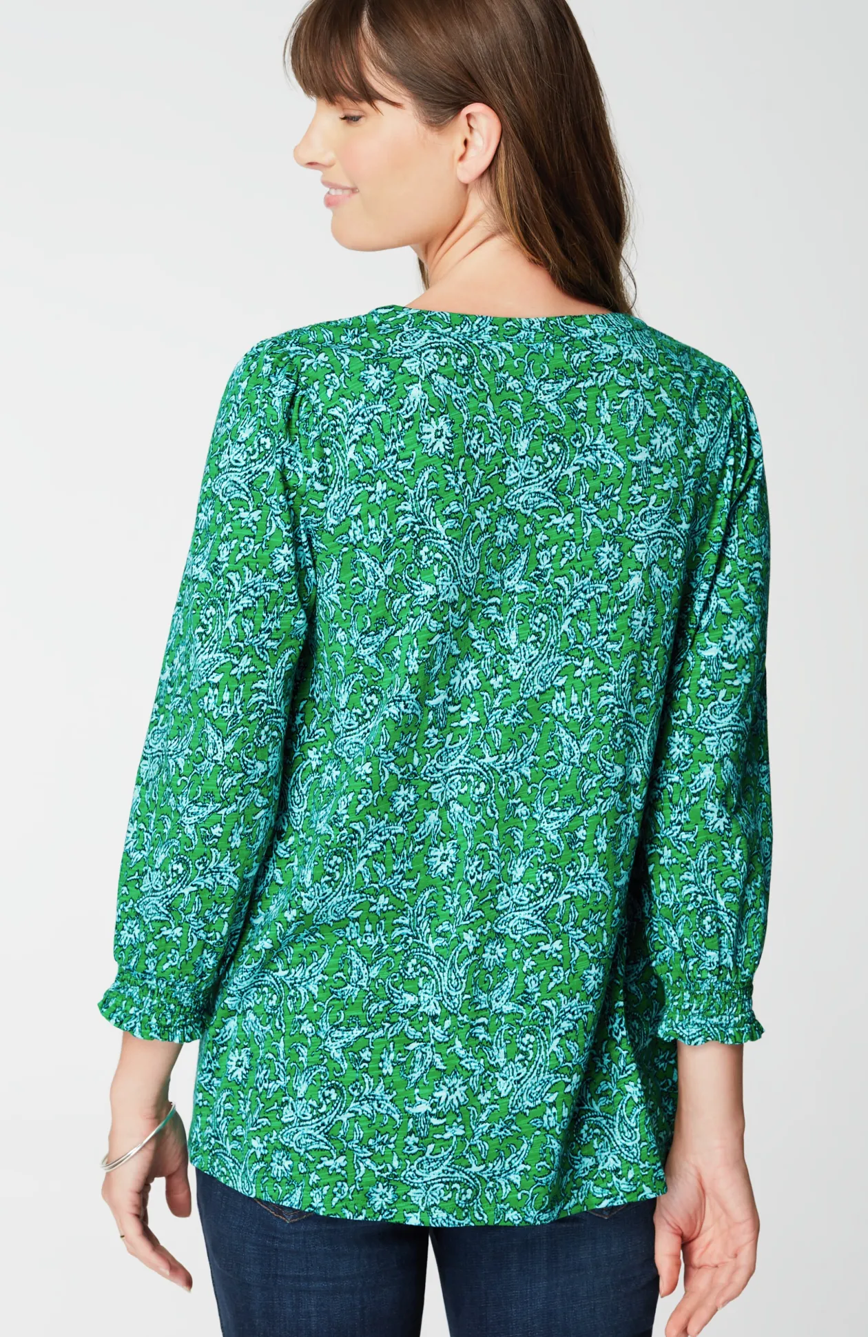 Smocked-Sleeve Henley Top