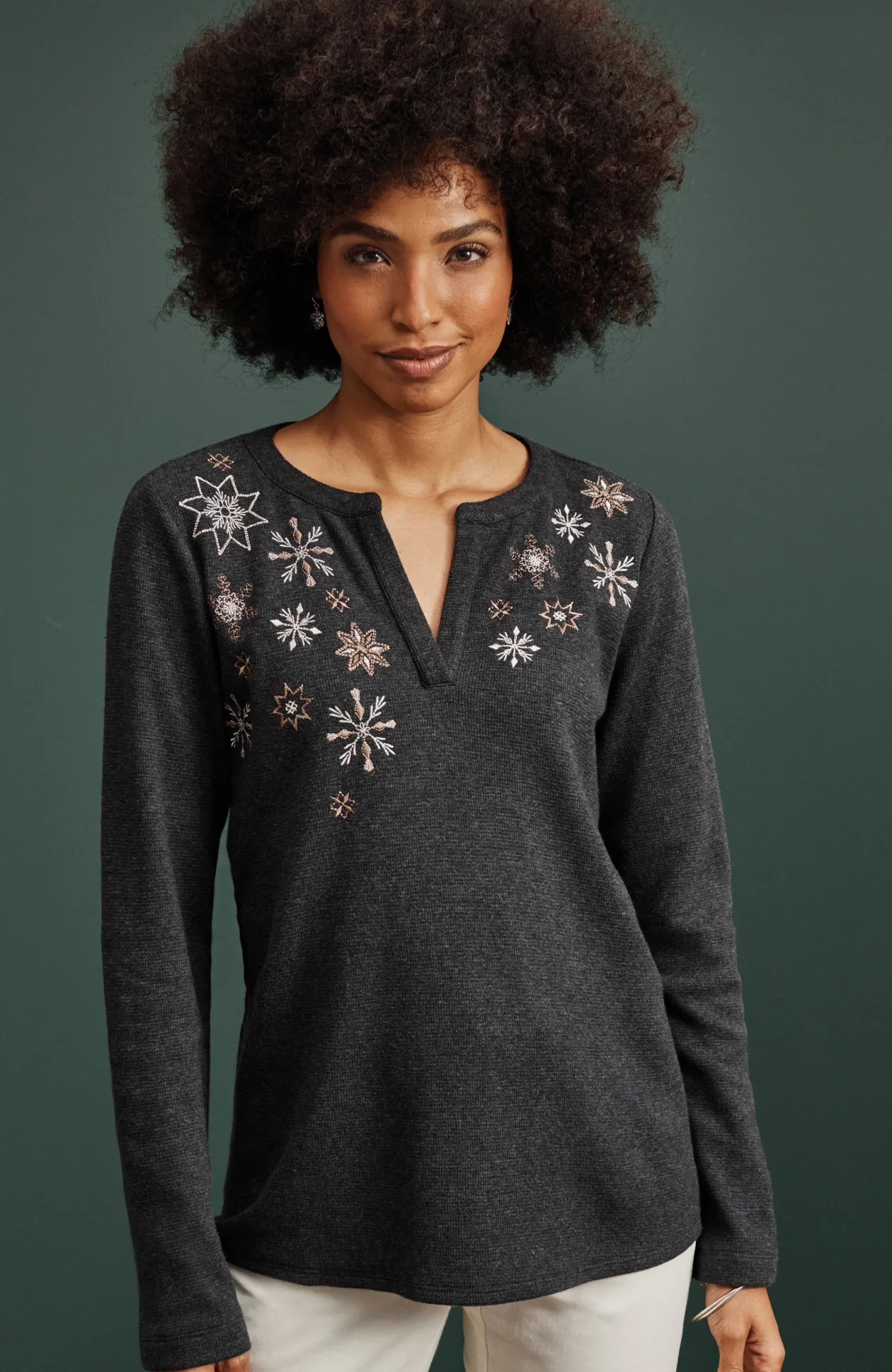 Snowflake-Embroidered Waffle-Textured Top