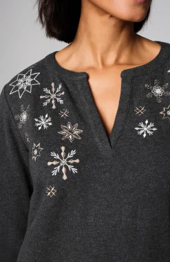 Snowflake-Embroidered Waffle-Textured Top