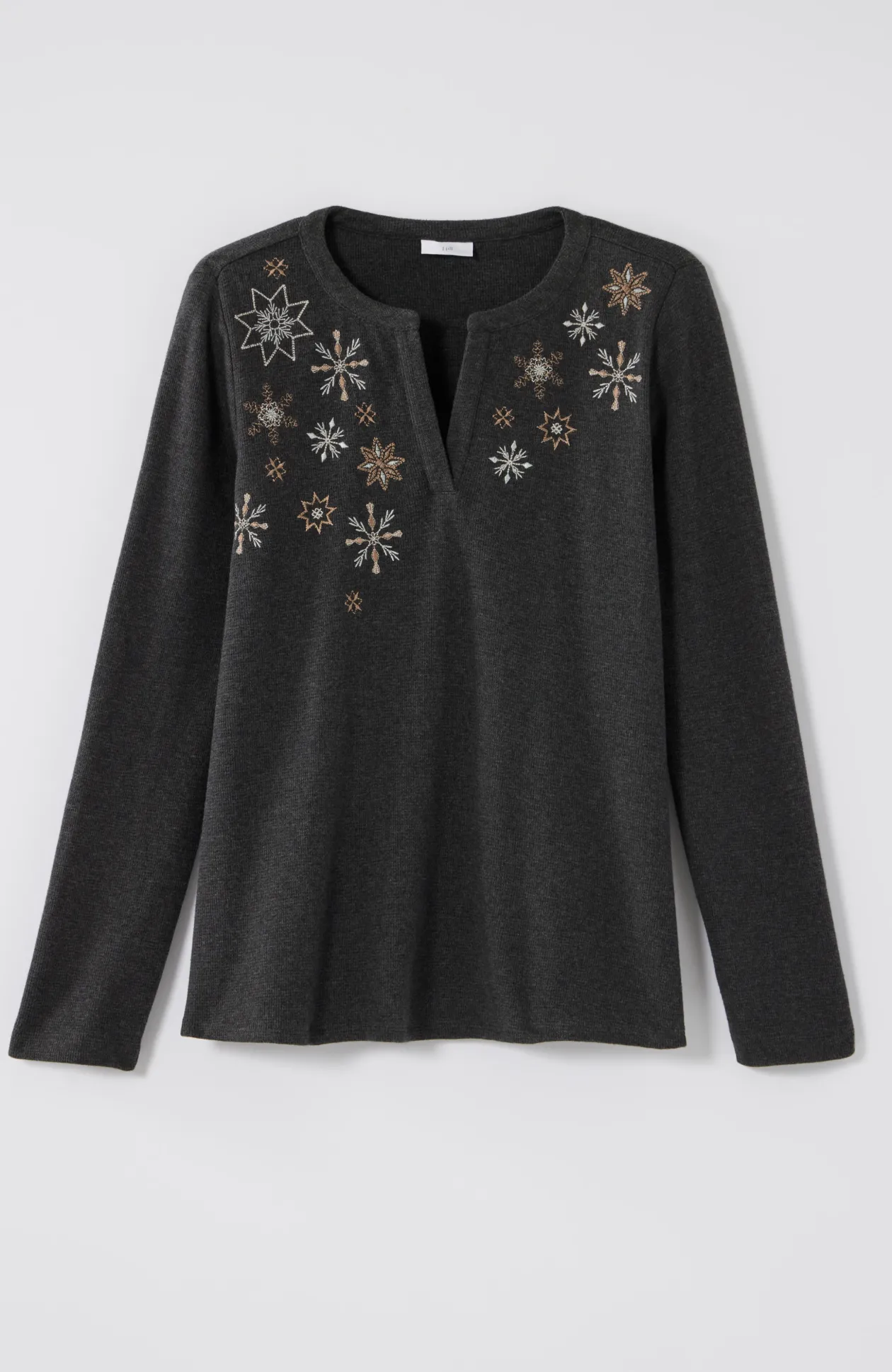 Snowflake-Embroidered Waffle-Textured Top