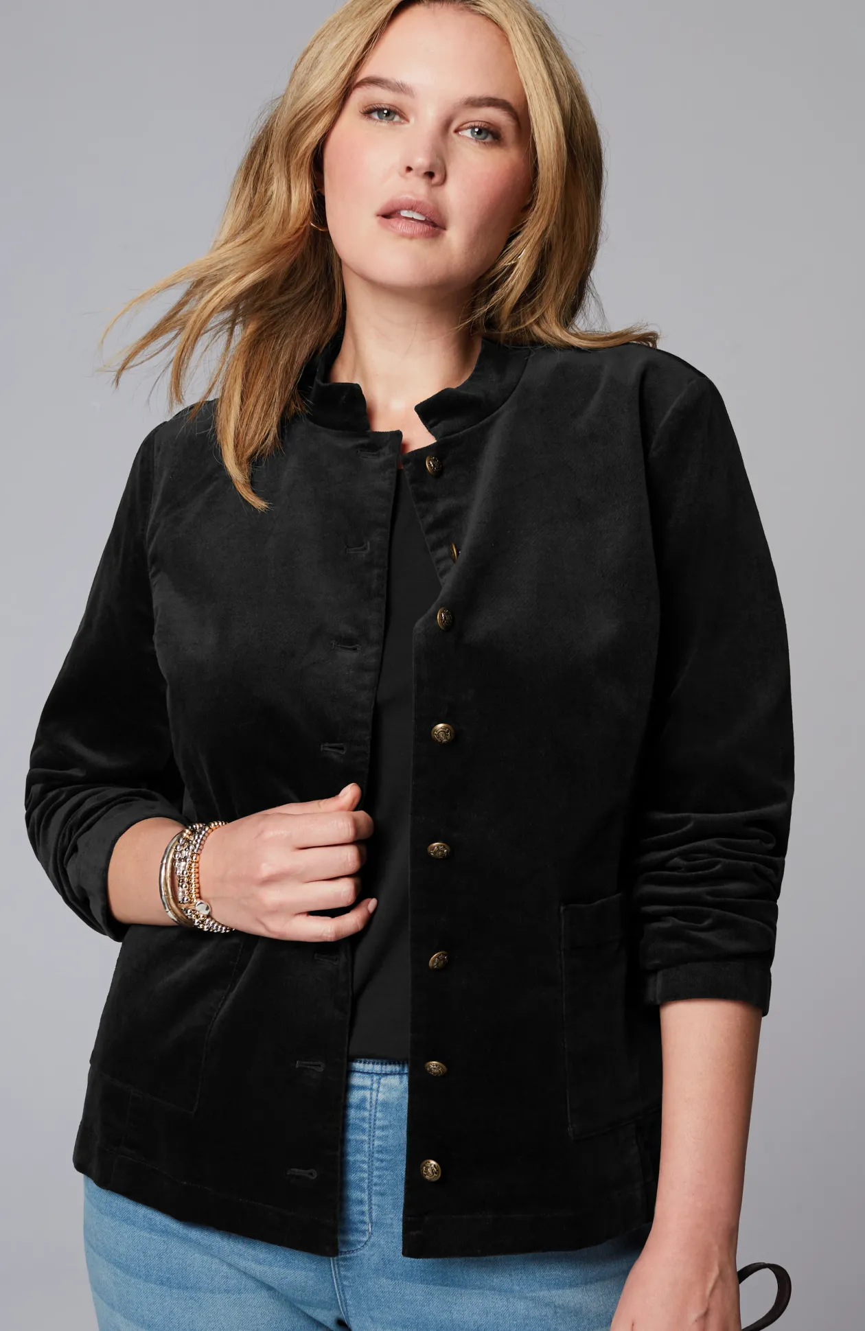 Velveteen-Stretch Military Jacket