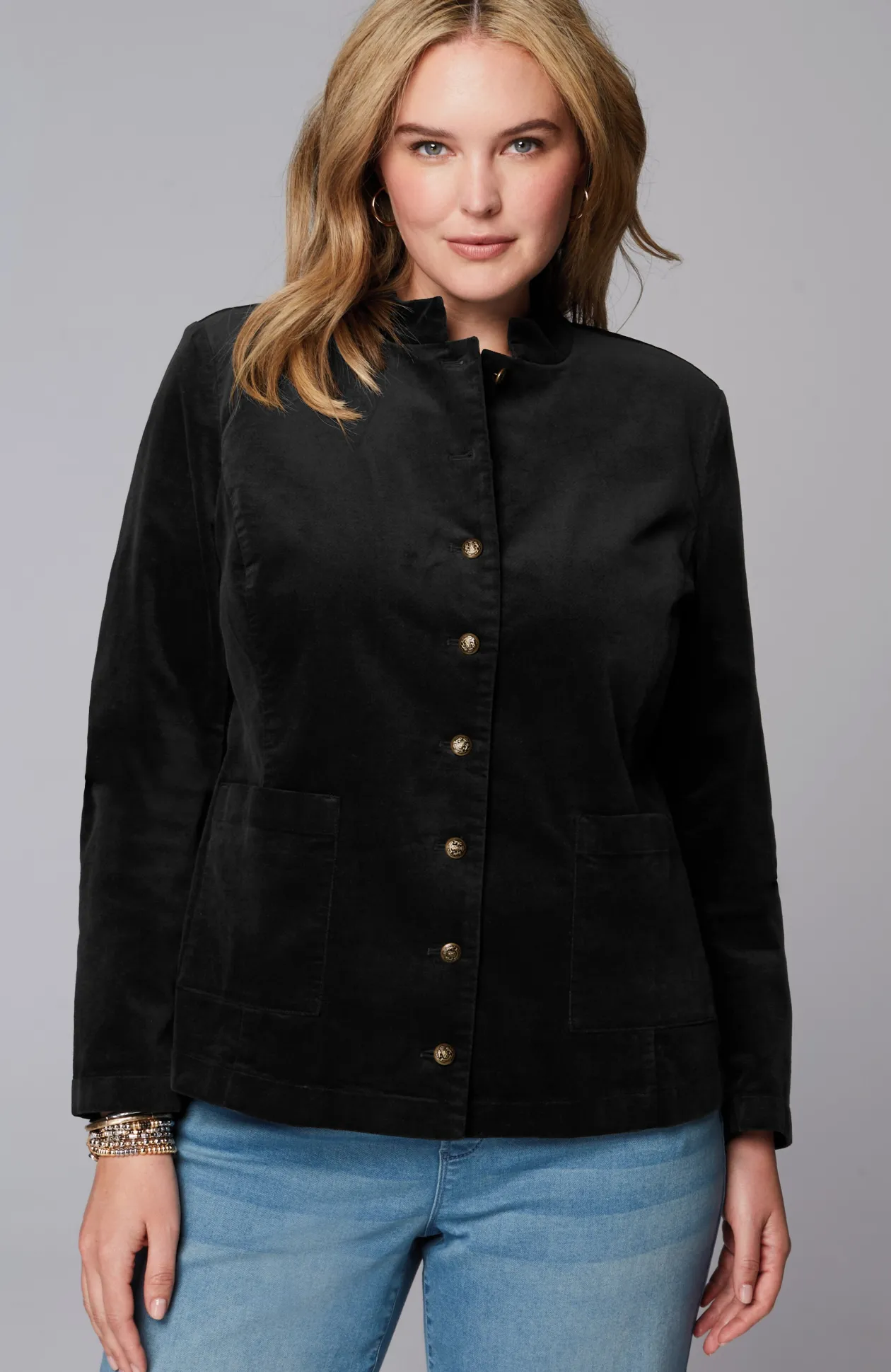 Velveteen-Stretch Military Jacket