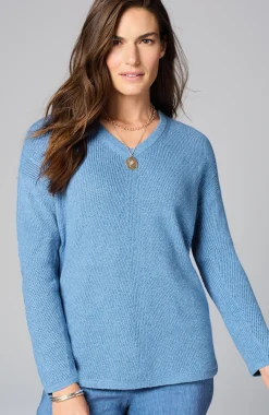 Waffle-Textured V-Neck Pullover