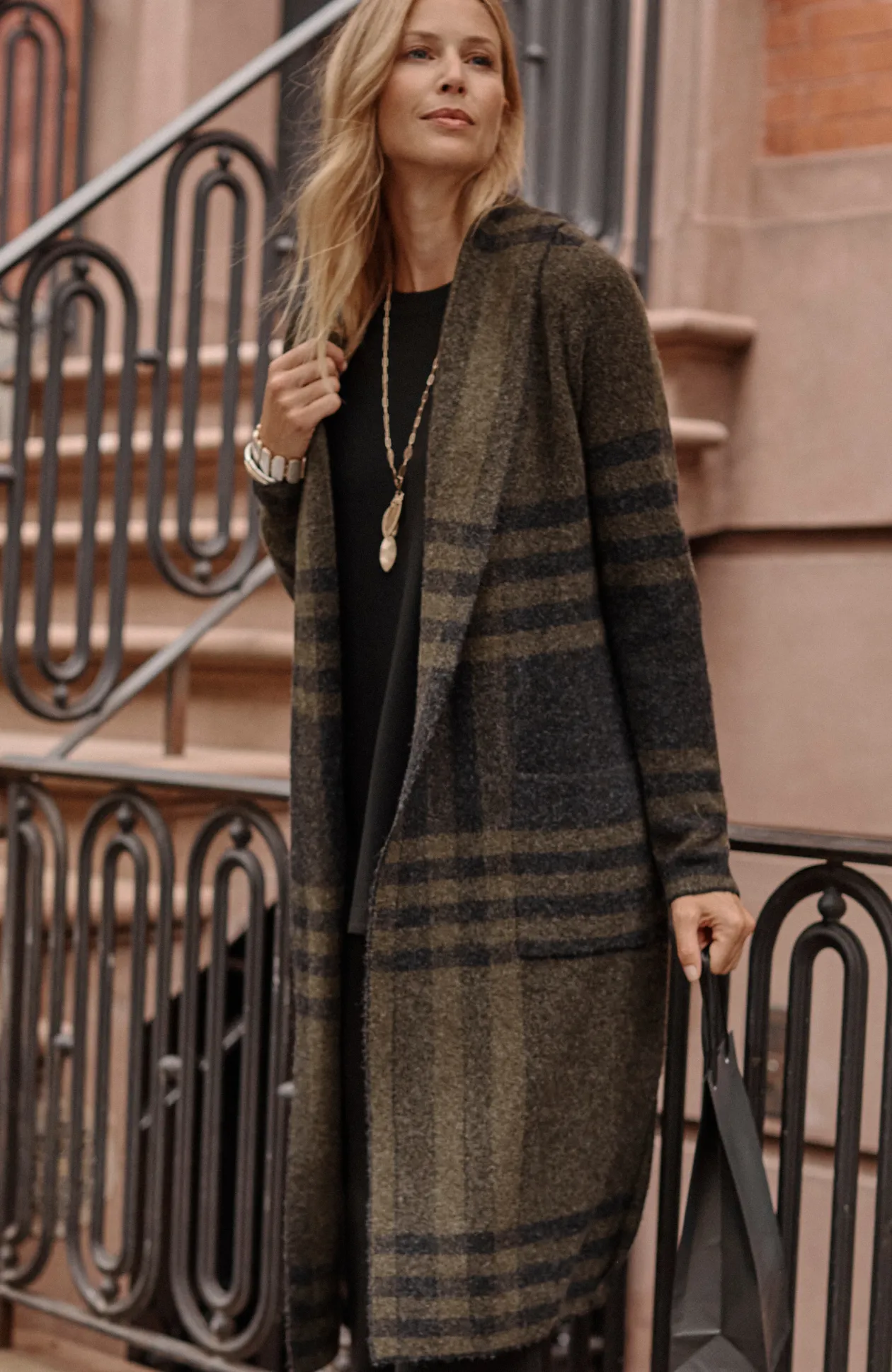 Wearever Shawl-Collar Plaid Sweater Coat