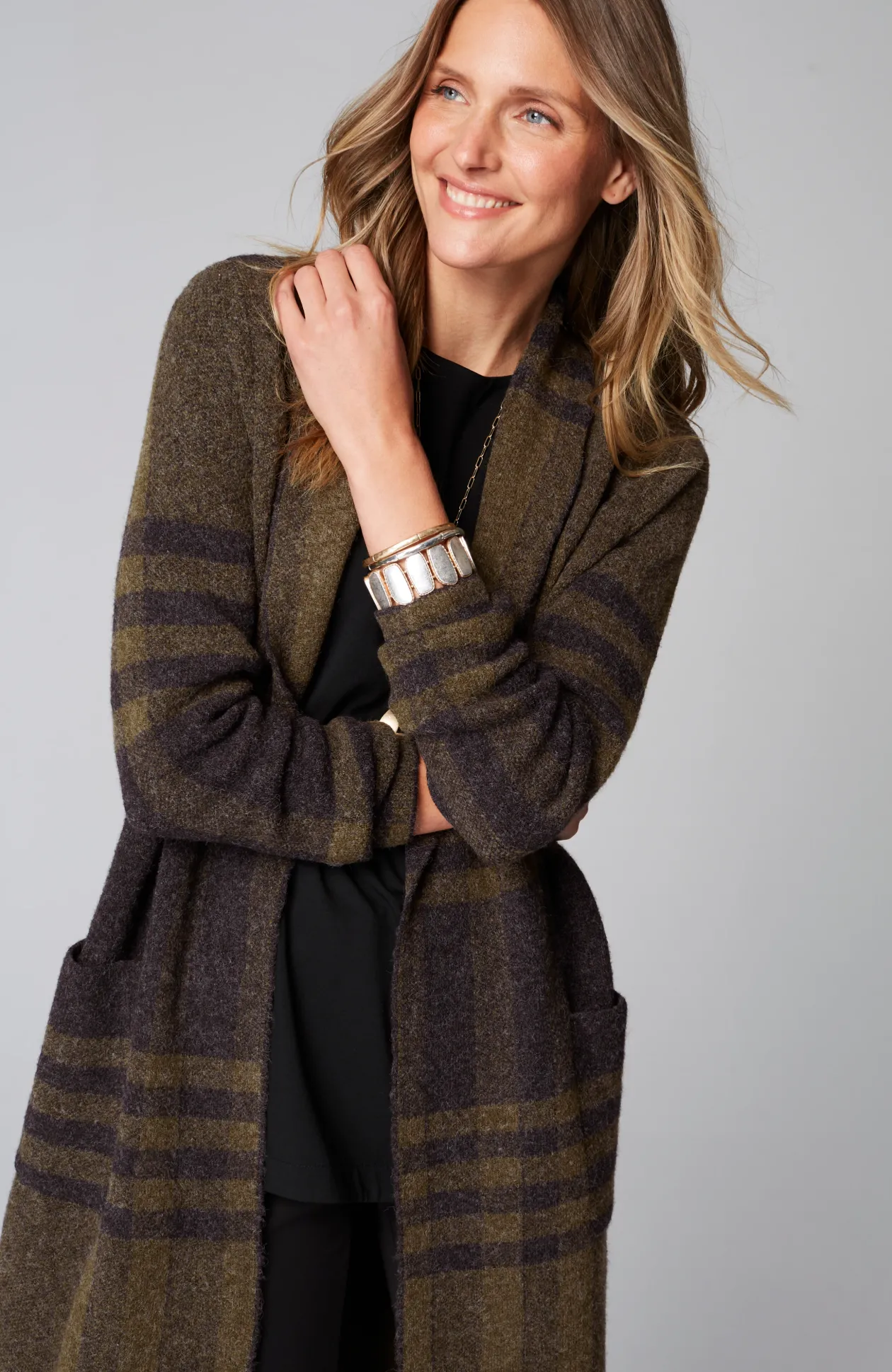 Wearever Shawl-Collar Plaid Sweater Coat