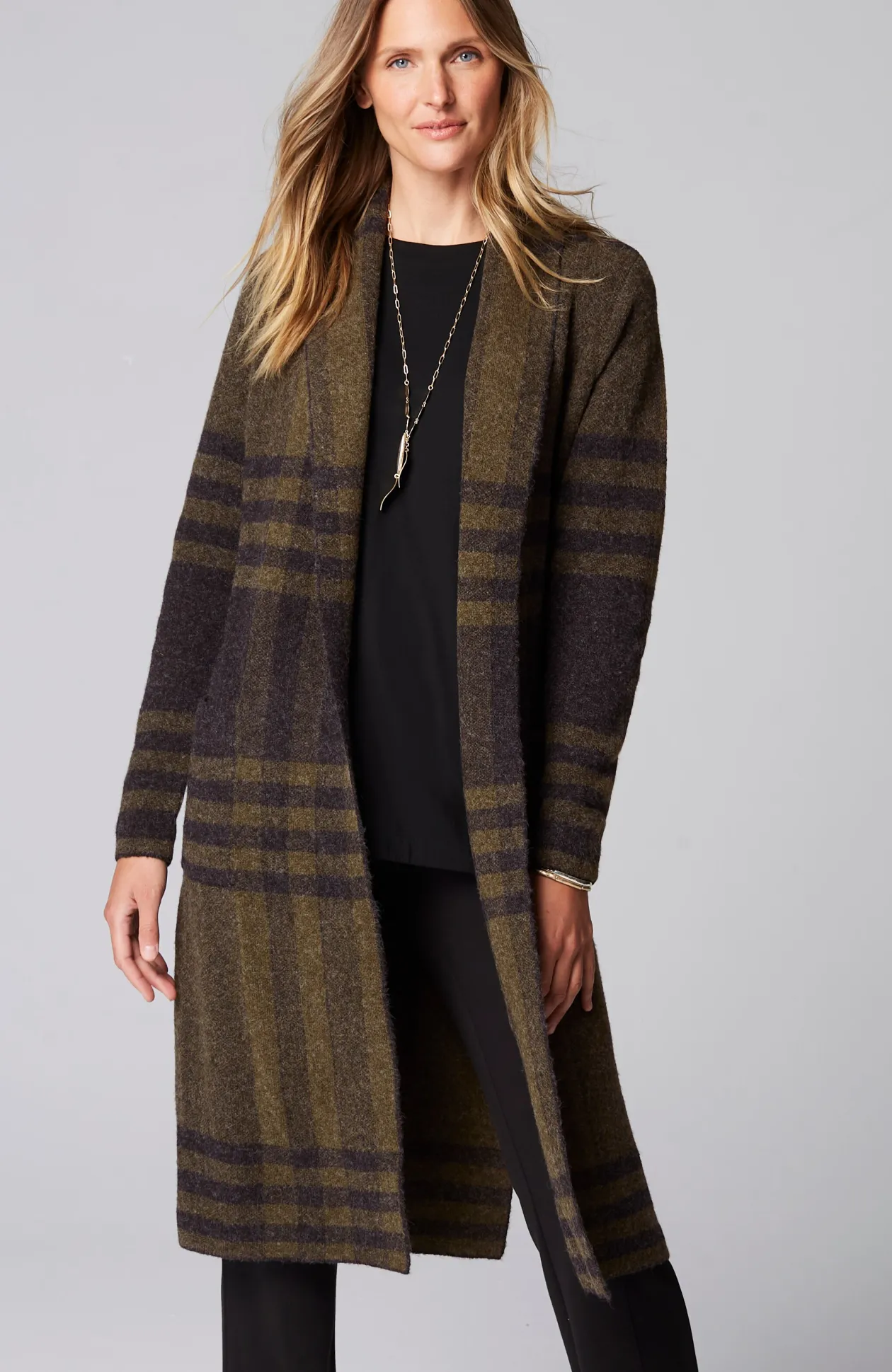Wearever Shawl-Collar Plaid Sweater Coat